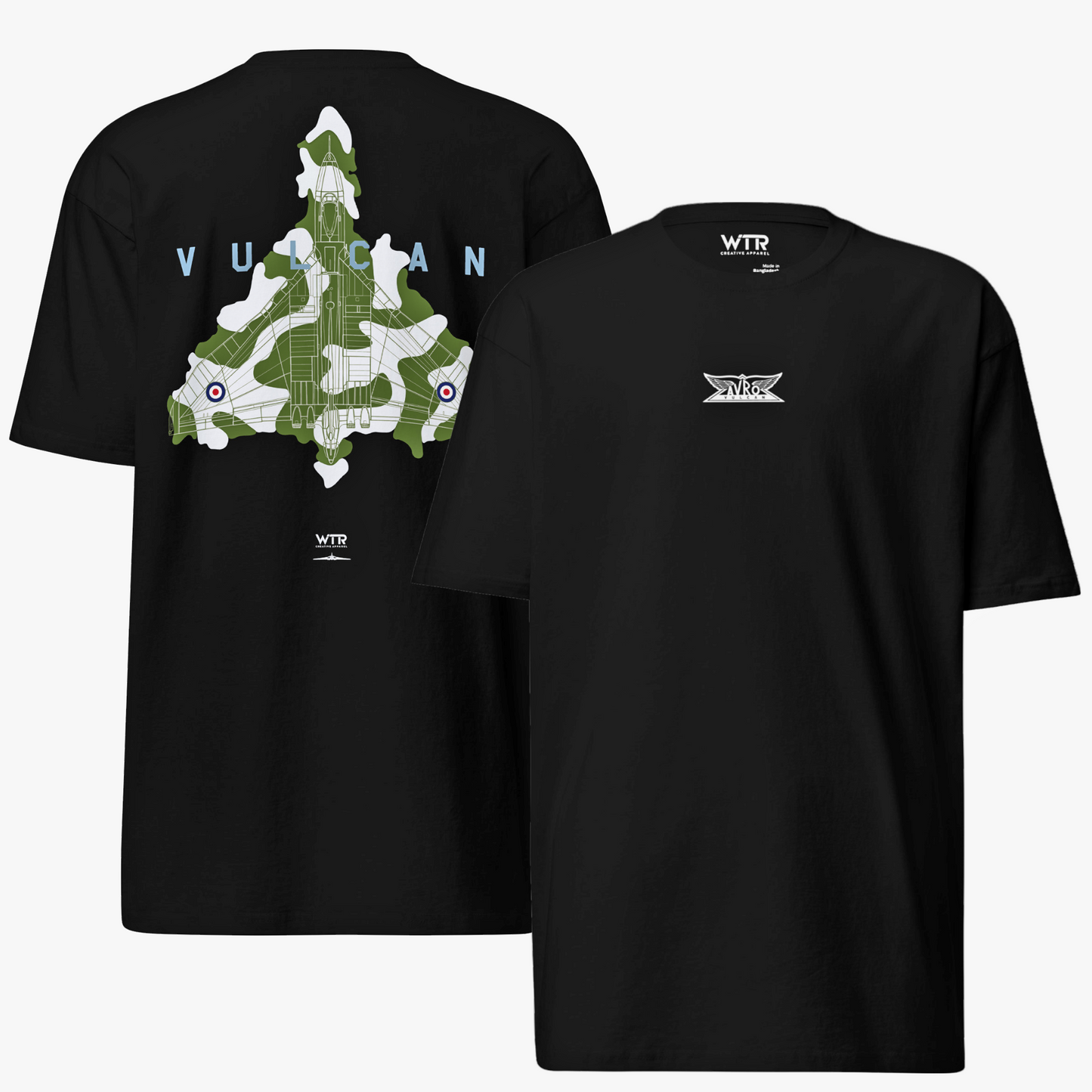 AVRO VULCAN BOMBER – XH558 CAMOUFLAGE STUDY HEAVYWEIGHT T-SHIRT.