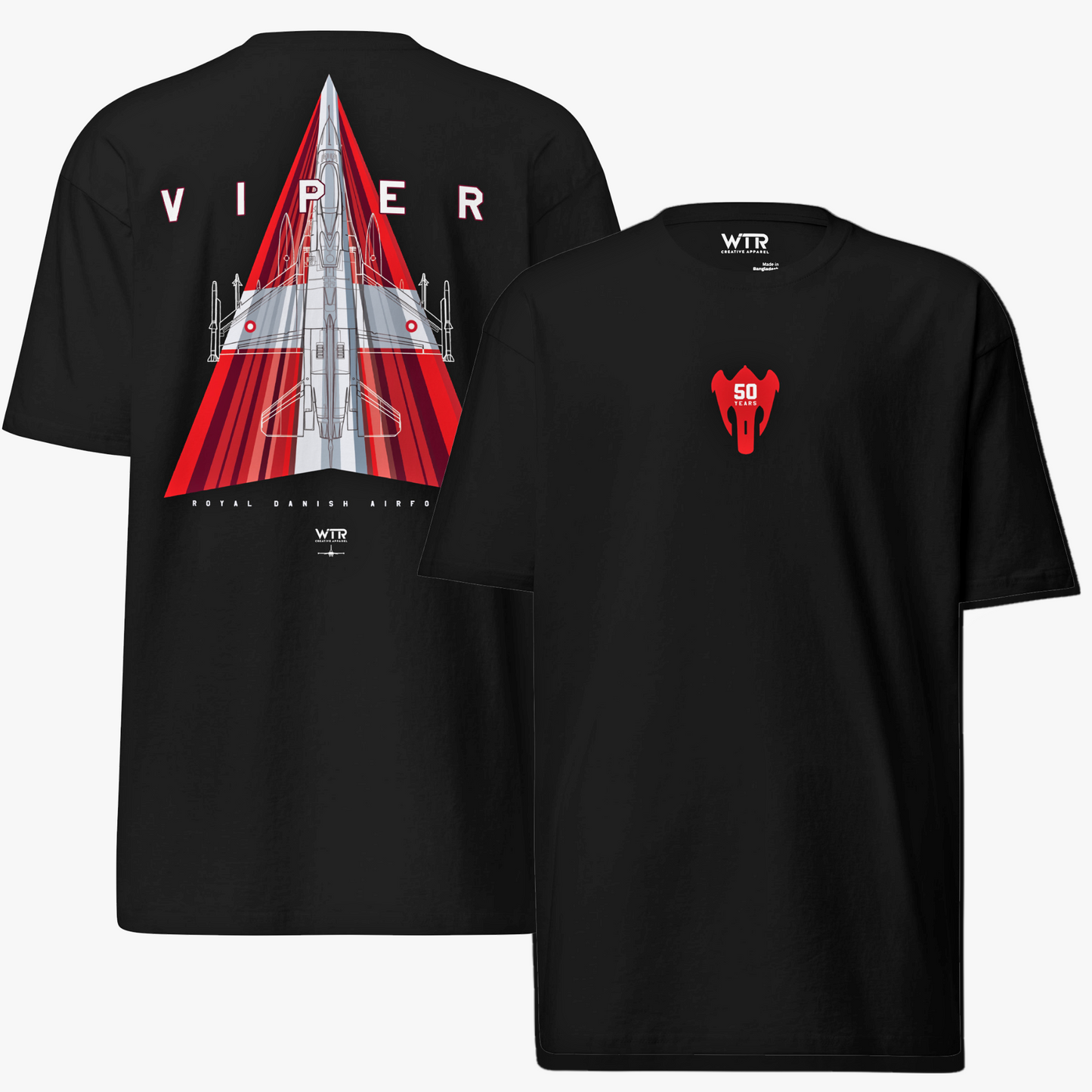 ROYAL DANISH AIR FORCE F-16 SOLO DISPLAY – 50 YEARS – HAND-DRAWN HEAVYWEIGHT T-SHIRT.