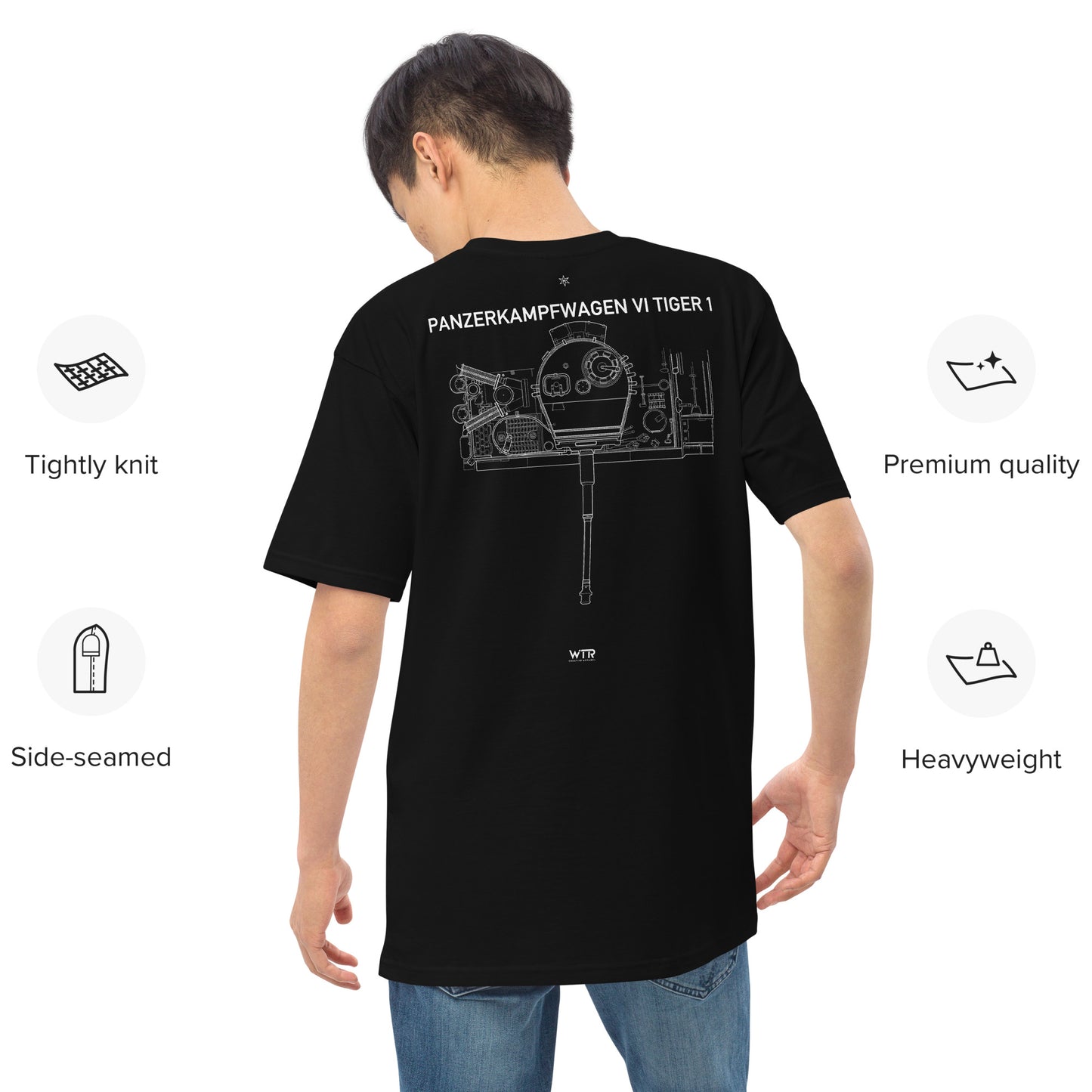 Tiger 1 Tank WWII Hand-Drawn Schematic Heavyweight Black T-Shirt