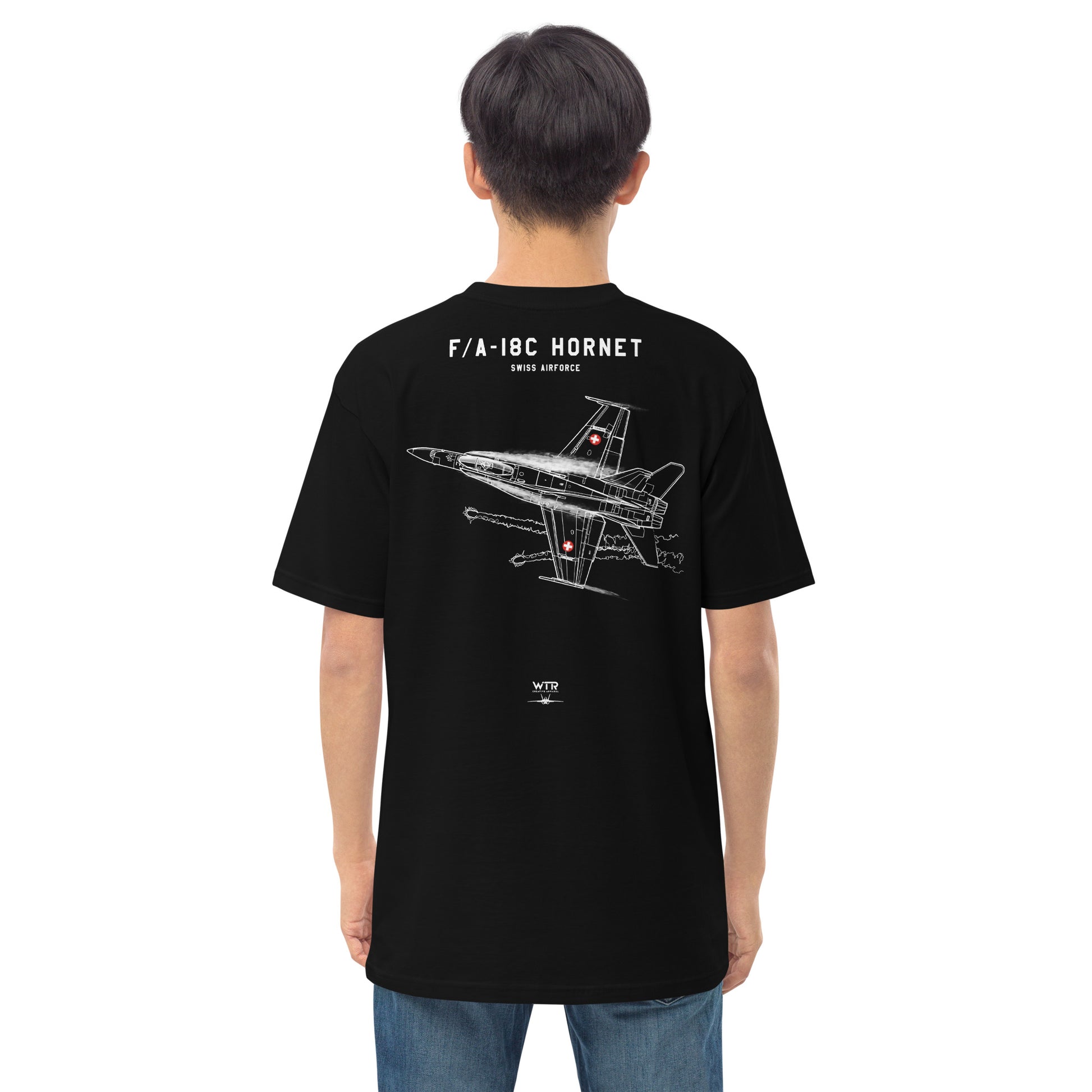 McDonnell Douglas F/A-18C Hornet Swiss Airforce Edition Hand-Drawn Black T-Shirt