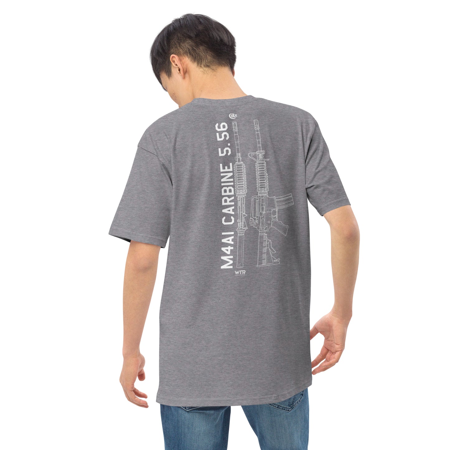 Hand-drawn technical schematic of the Colt M4A1 US Infantry battle rifle printed on a premium t-shirt.