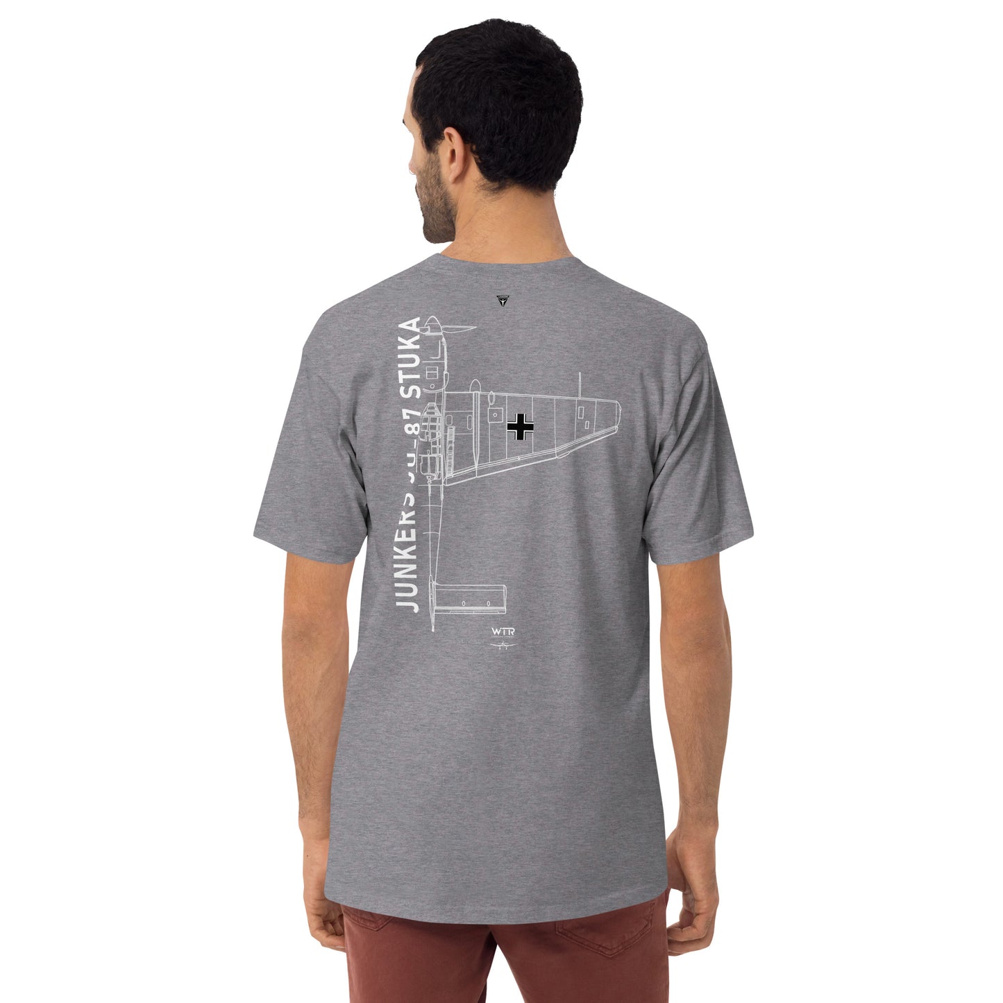 Hand-drawn schematic of the JUNKERS JU-87 STUKA DIVE BOMBER printed on a heavyweight T-shirt.