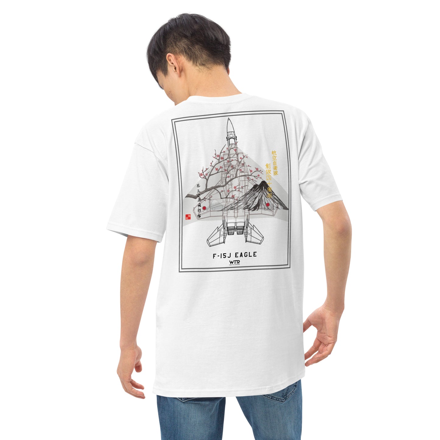 Hand-drawn schematic of the MITSUBISHI F-15J 305TH TACTICAL FIGHTER SQUADRON 50 YEARS printed on a heavyweight T-shirt.