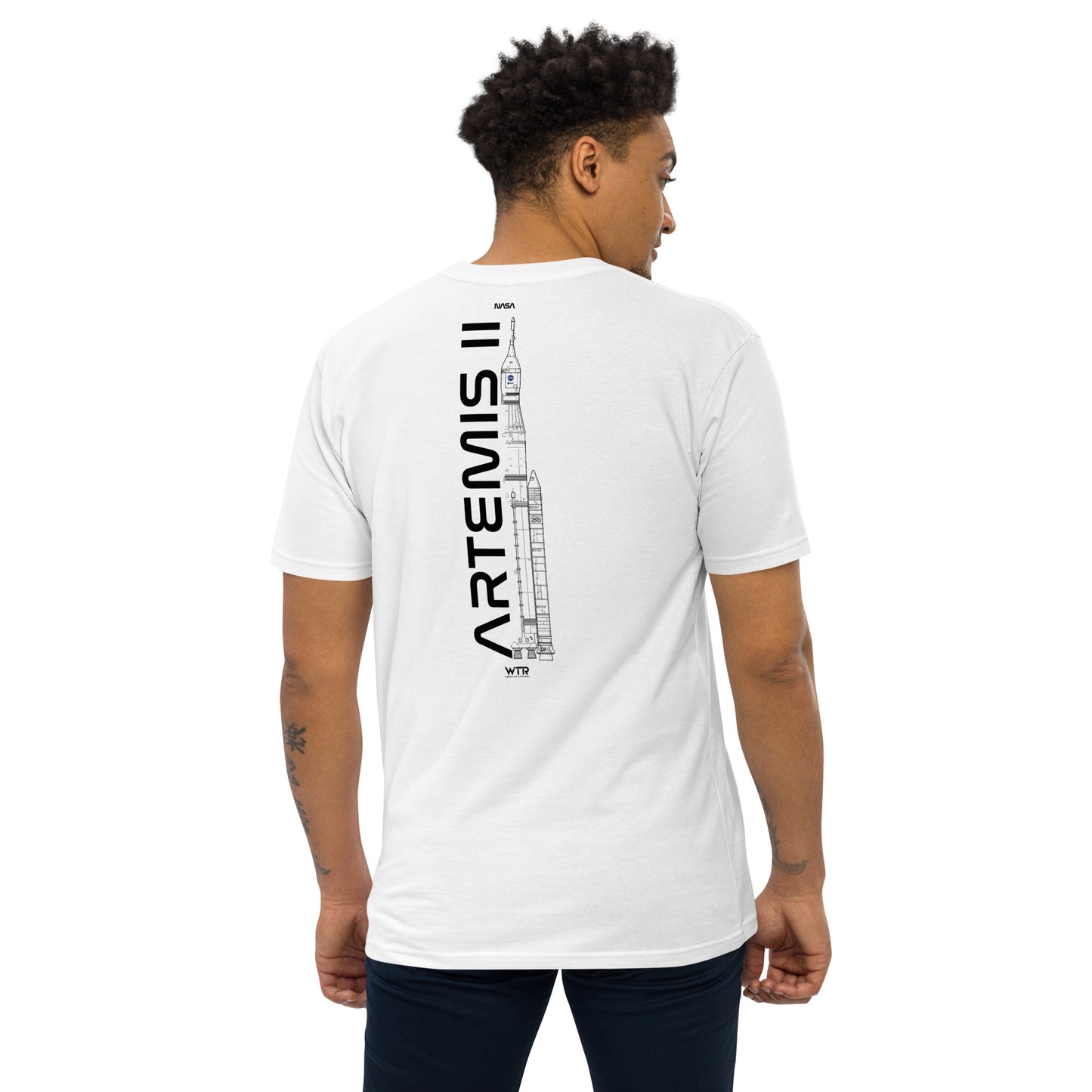 Hand-drawn crewed lunar mission schematic of the NASA Artemis II printed on a premium t-shirt.