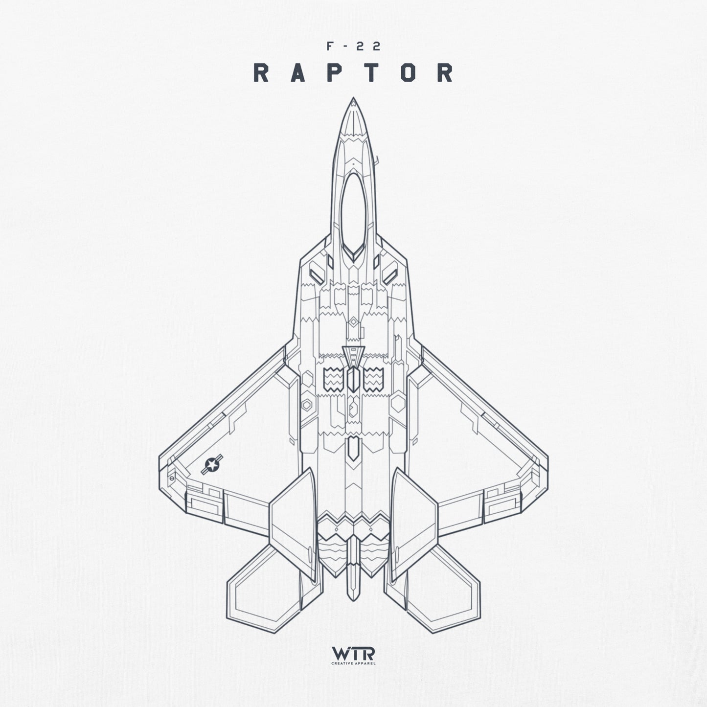 Hand-drawn full schematic of the Lockheed Martin F-22 Raptor printed on a standard t-shirt.