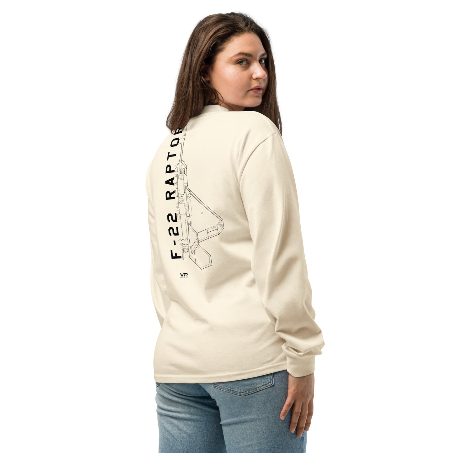 Hand-drawn schematic of the LOCKHEED MARTIN F-22 RAPTOR printed on a standard long sleeve T-shirt.