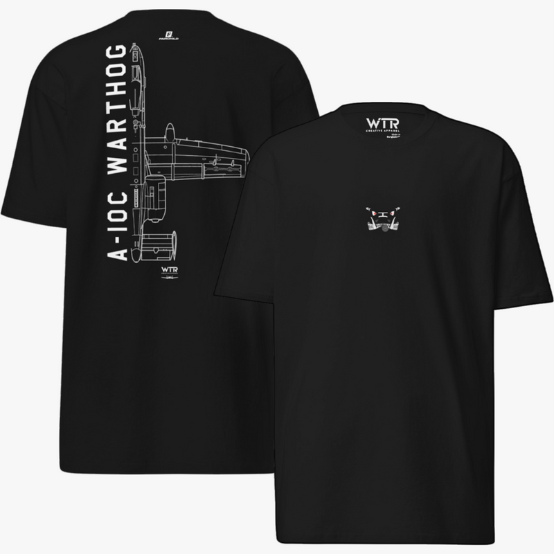 Hand-drawn technical schematic of the Fairchild Republic A-10C Warthog US Air Force jet on a premium t-shirt.
