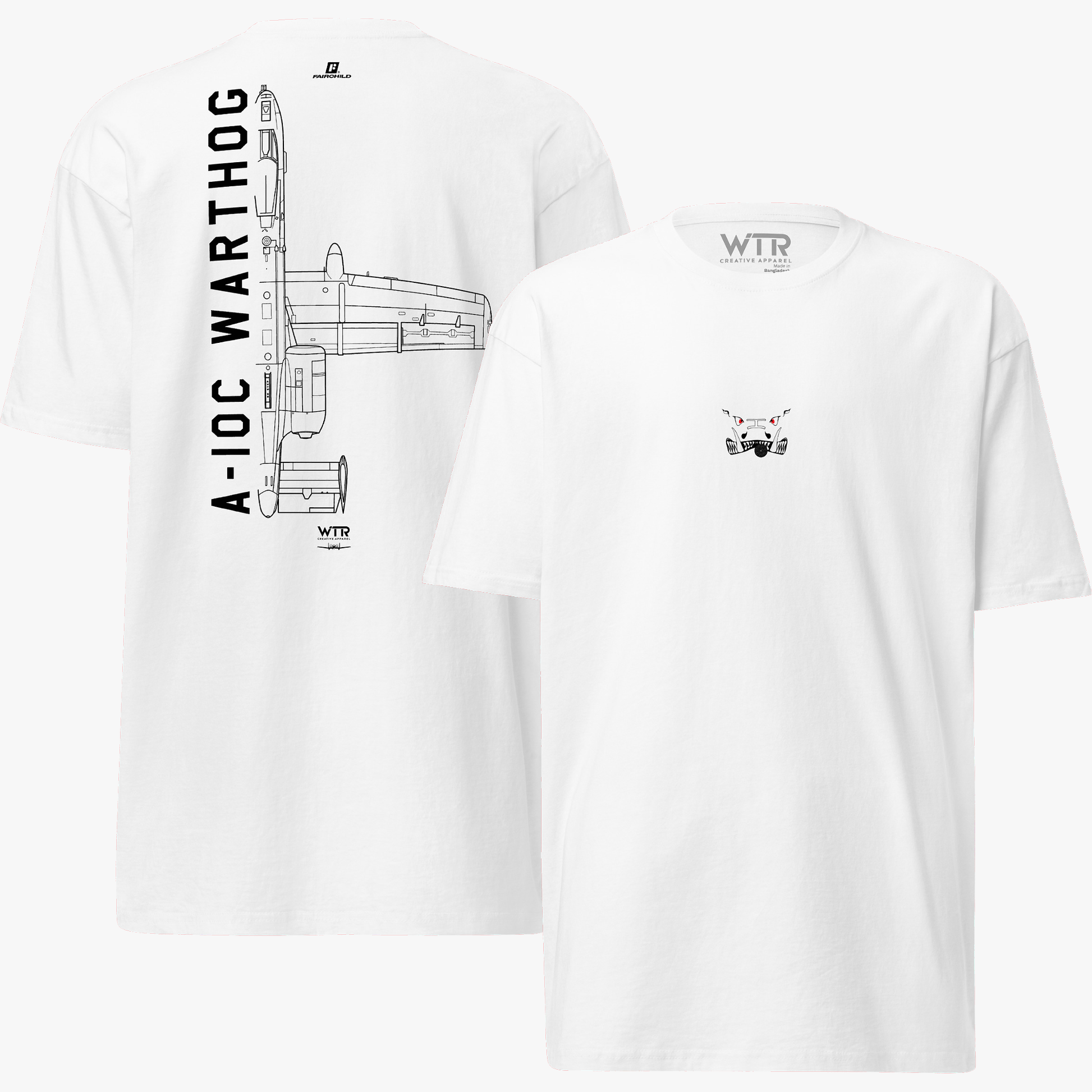 Hand-drawn technical schematic of the Fairchild Republic A-10C Warthog US Air Force jet on a premium t-shirt.