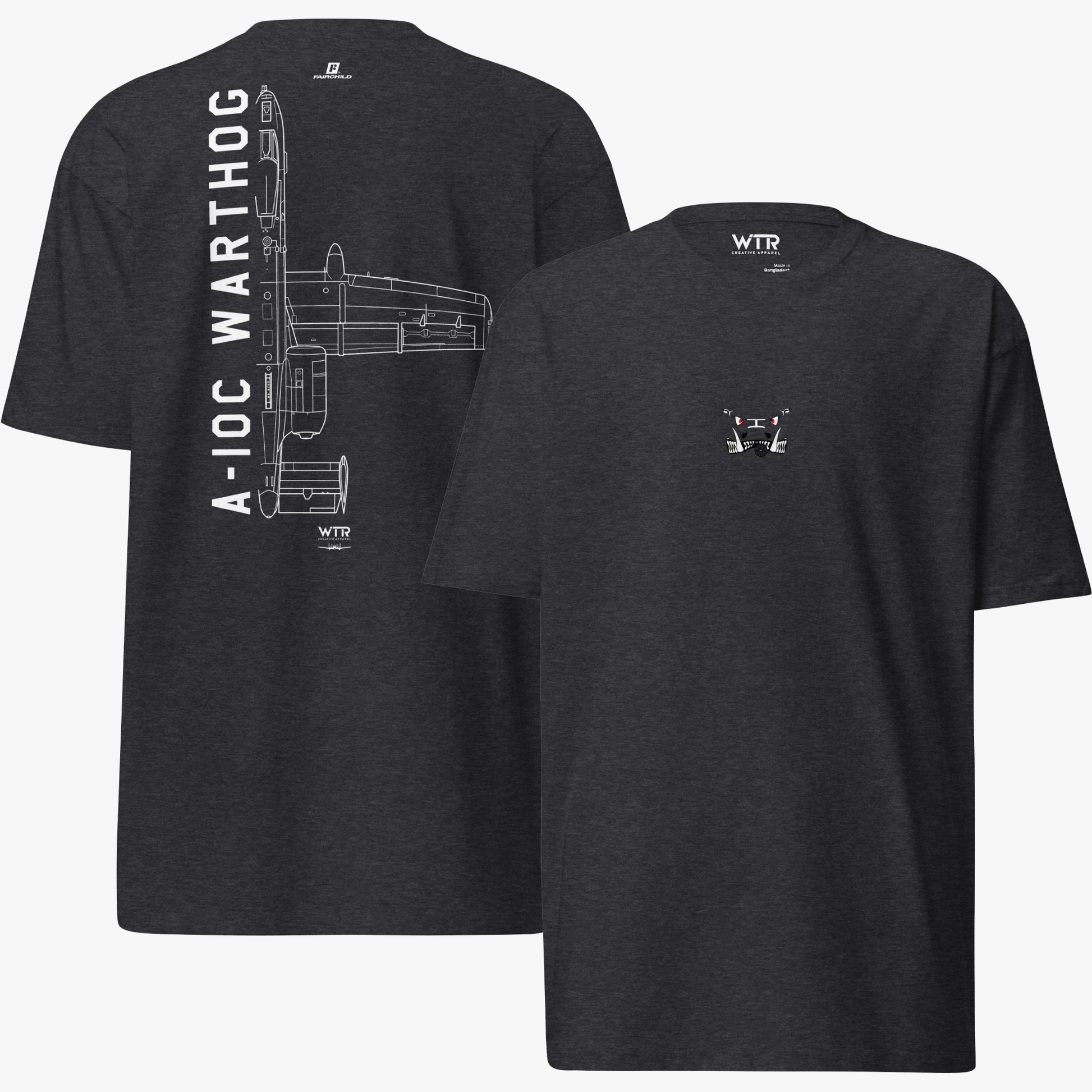 Hand-drawn technical schematic of the Fairchild Republic A-10C Warthog US Air Force jet on a premium t-shirt.