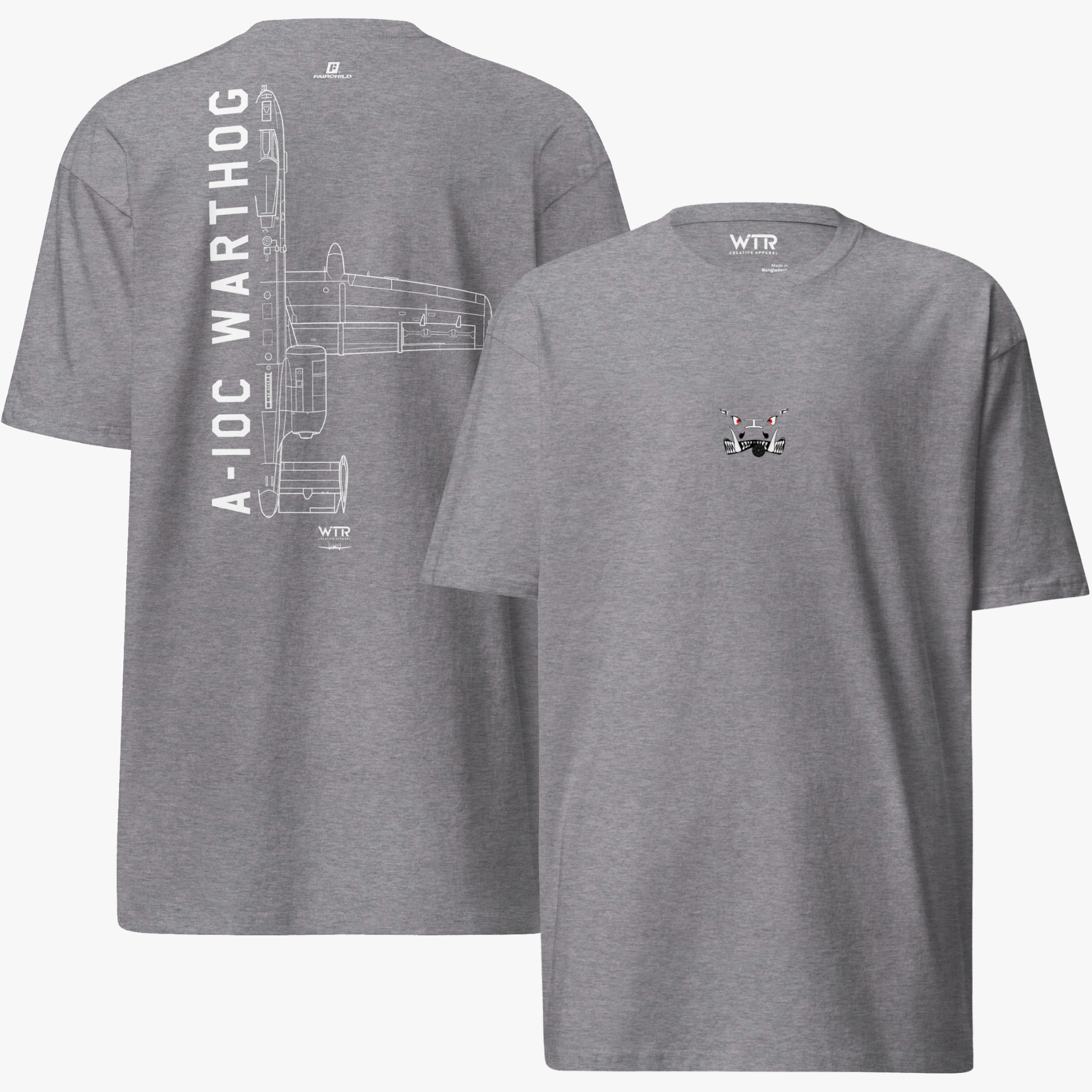 Hand-drawn technical schematic of the Fairchild Republic A-10C Warthog US Air Force jet on a premium t-shirt.