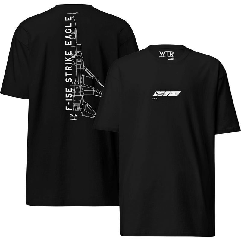 MCDONNELL DOUGLAS F-15E STRIKE EAGLE — hand-drawn artwork printed on heavyweight T-shirt.