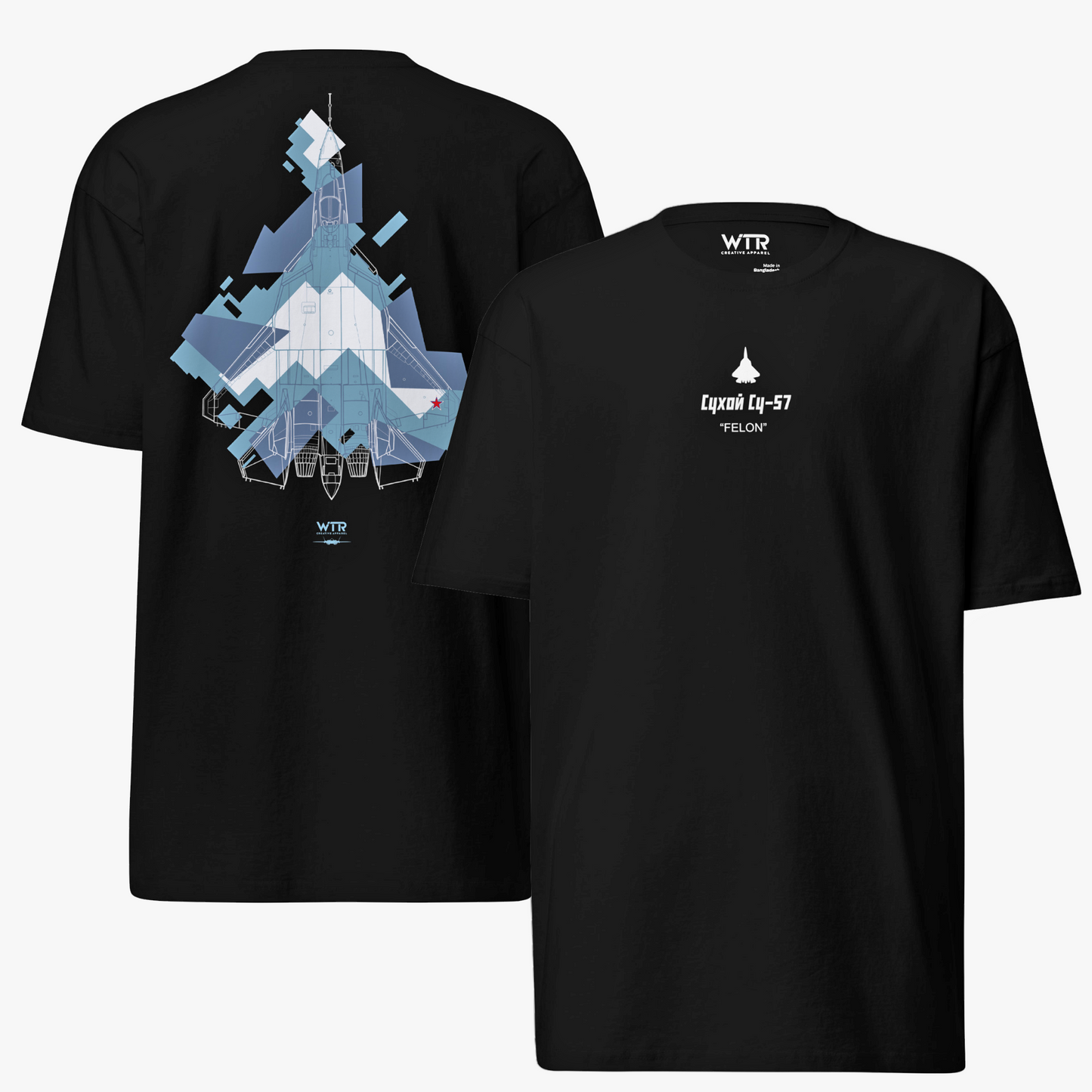 SUKHOI SU-57 T-50 FELON SPLINTER CAMOUFLAGE STUDY – HAND-DRAWN DESIGN - HEAVYWEIGHT T-SHIRT.