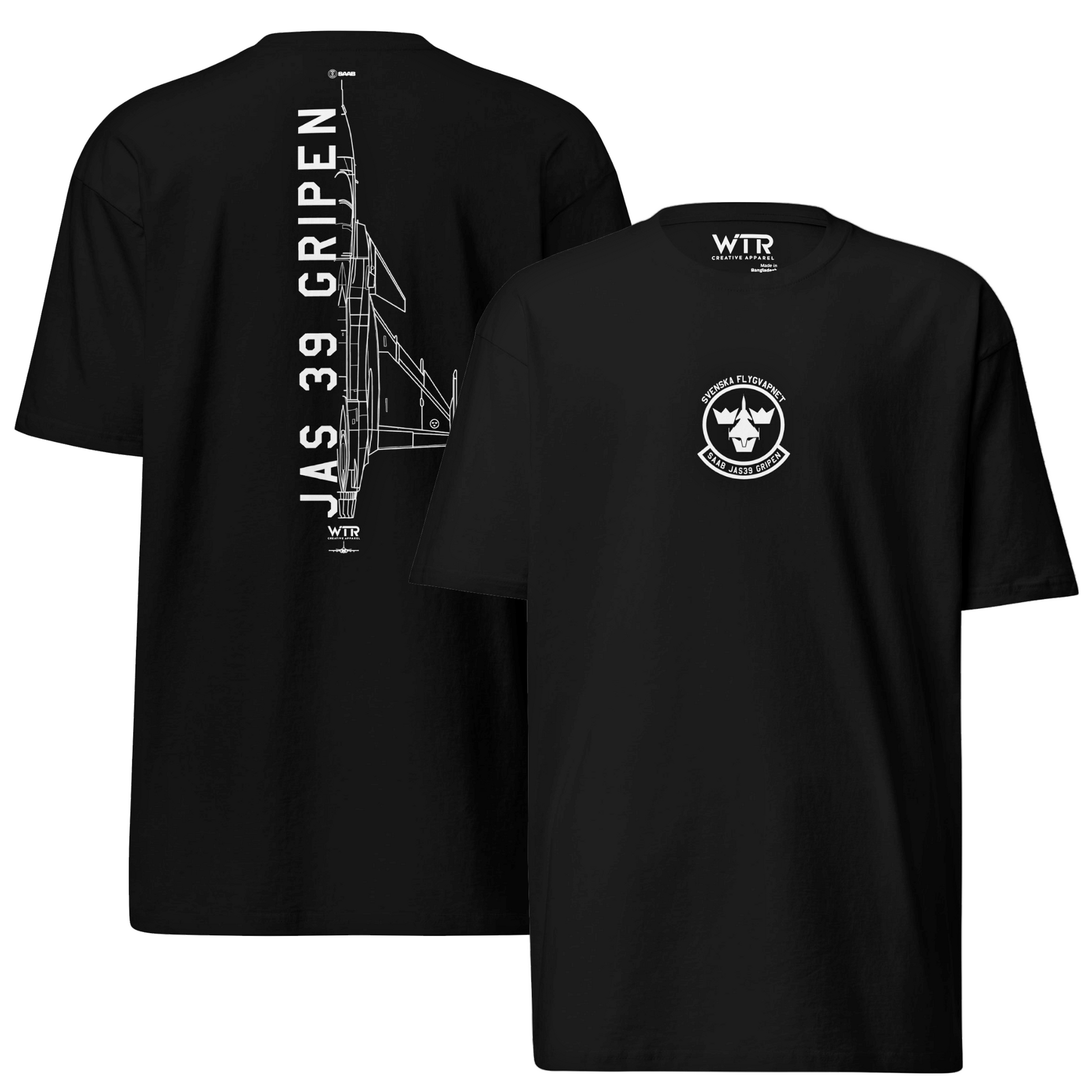 SAAB JAS 39 GRIPEN — hand-drawn multirole FIGHTER artwork printed on heavyweight T-shirt.