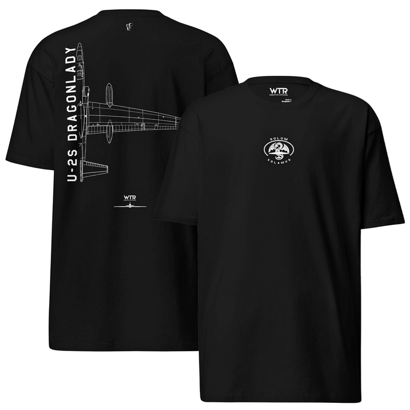 LOCKHEED U-2S DRAGON LADY - RECONNAISSANCE AIRCRAFT — hand-drawn artwork printed on heavyweight T-shirt; RAF.