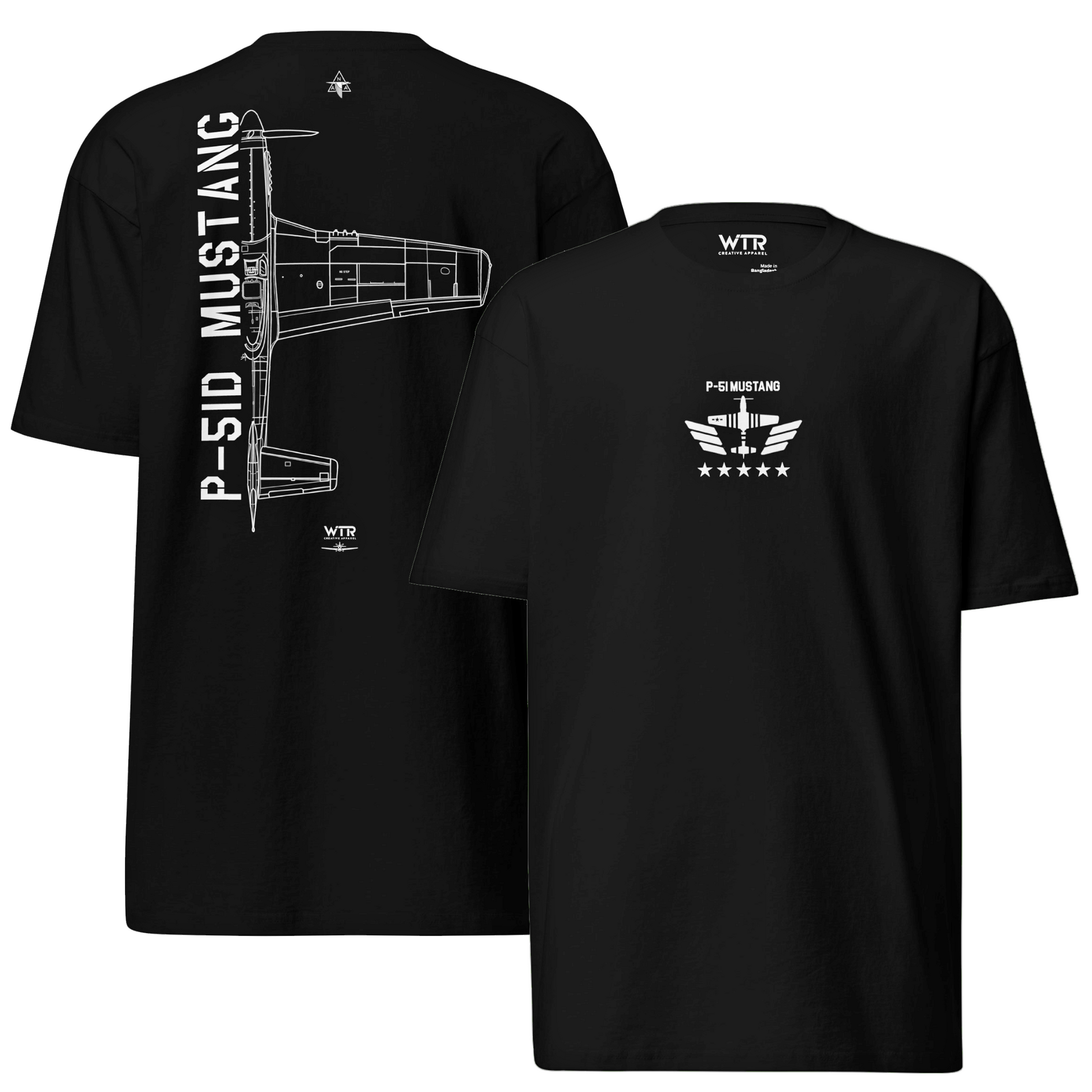 North American P-51D Mustang Hand-Drawn Black T-Shirt