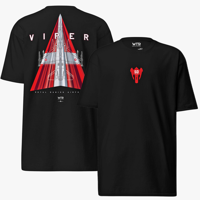 ROYAL DANISH AIR FORCE F-16 SOLO DISPLAY - 50 YEARS — HAND-DRAWN HEAVYWEIGHT T-SHIRT.