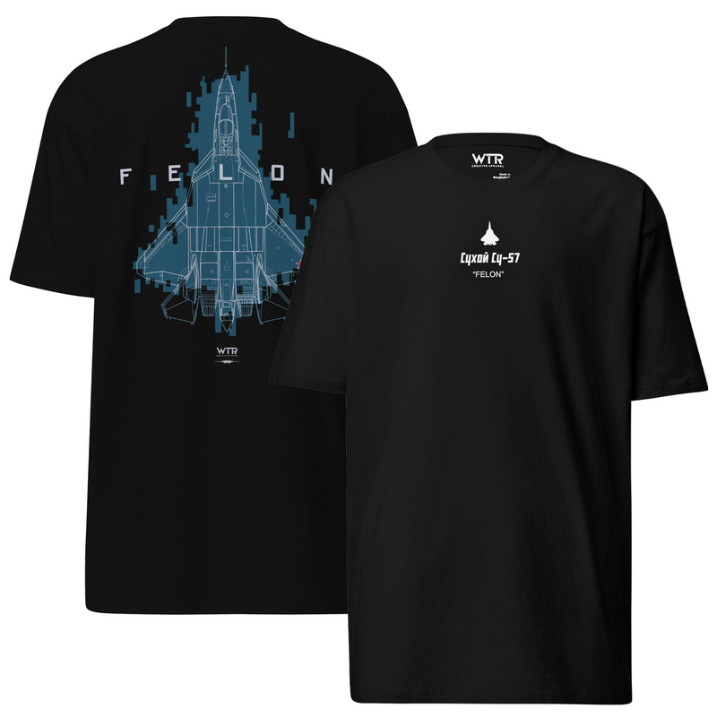 SUKHOI SU‑57 FELON - DIGITAL PIXEL 1 CAMOUFLAGE STUDY — hand-drawn DESIGN artwork printed on heavyweight T-shirt; camouflage study.