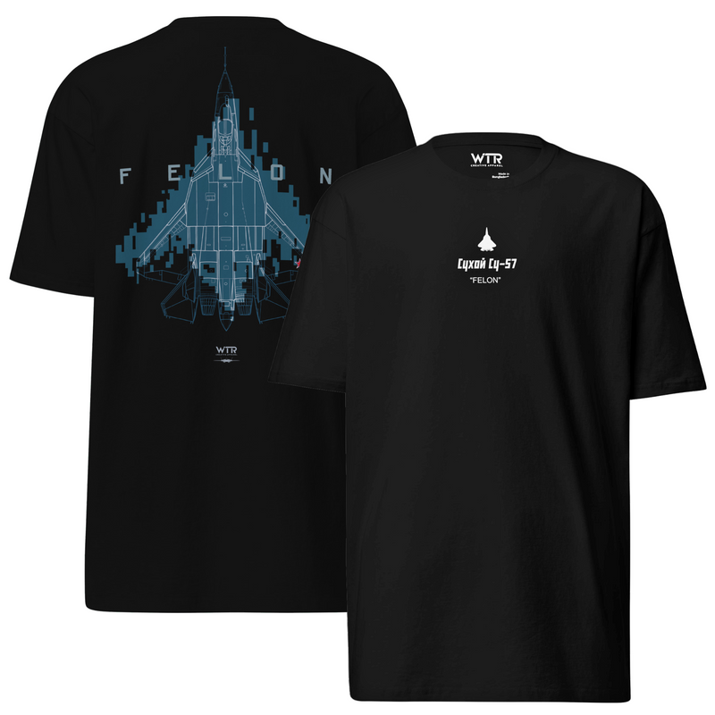 SUKHOI SU-57 T-50 FELON DIGITAL PIXEL 2 CAMOUFLAGE STUDY — HAND-DRAWN DESIGN - HEAVYWEIGHT T-SHIRT.