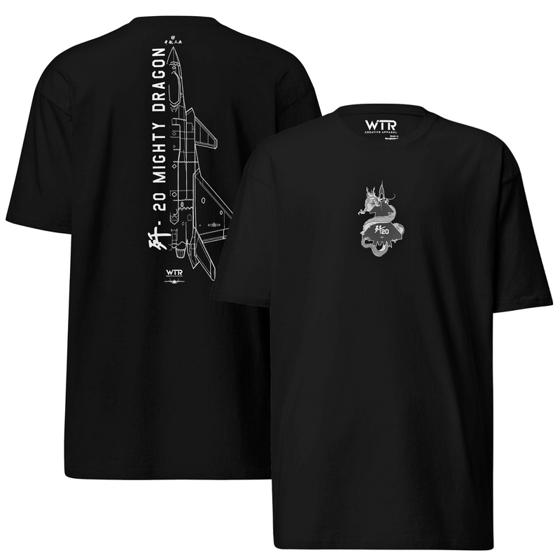 CHENGDU J-20 MIGHTY DRAGON — hand-drawn stealth fighter artwork printed on heavyweight T-shirt.