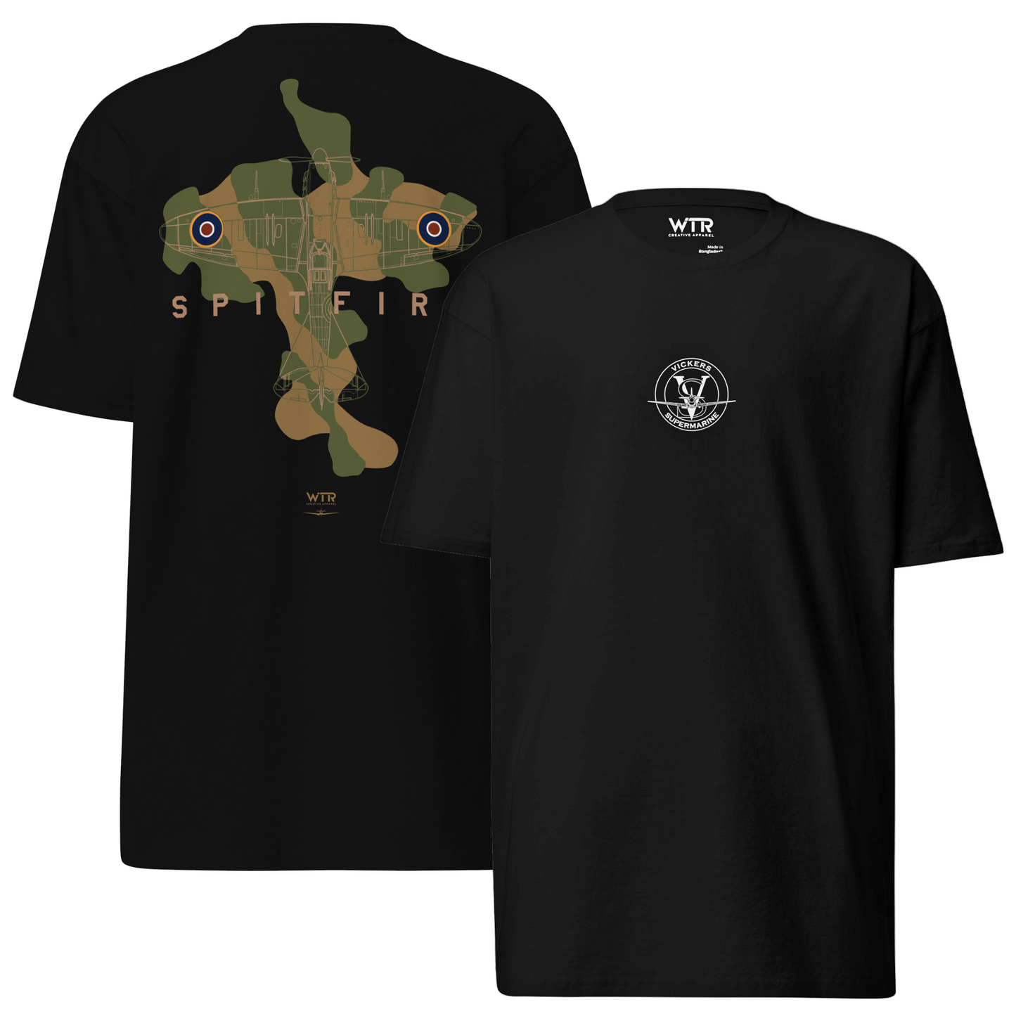 SUPERMARINE SPITFIRE Mk I - CAMOUFLAGE STUDY — hand-drawn WWII FIGHTER artwork printed on HEAVYWEIGHT T‑SHIRT; camouflage study.