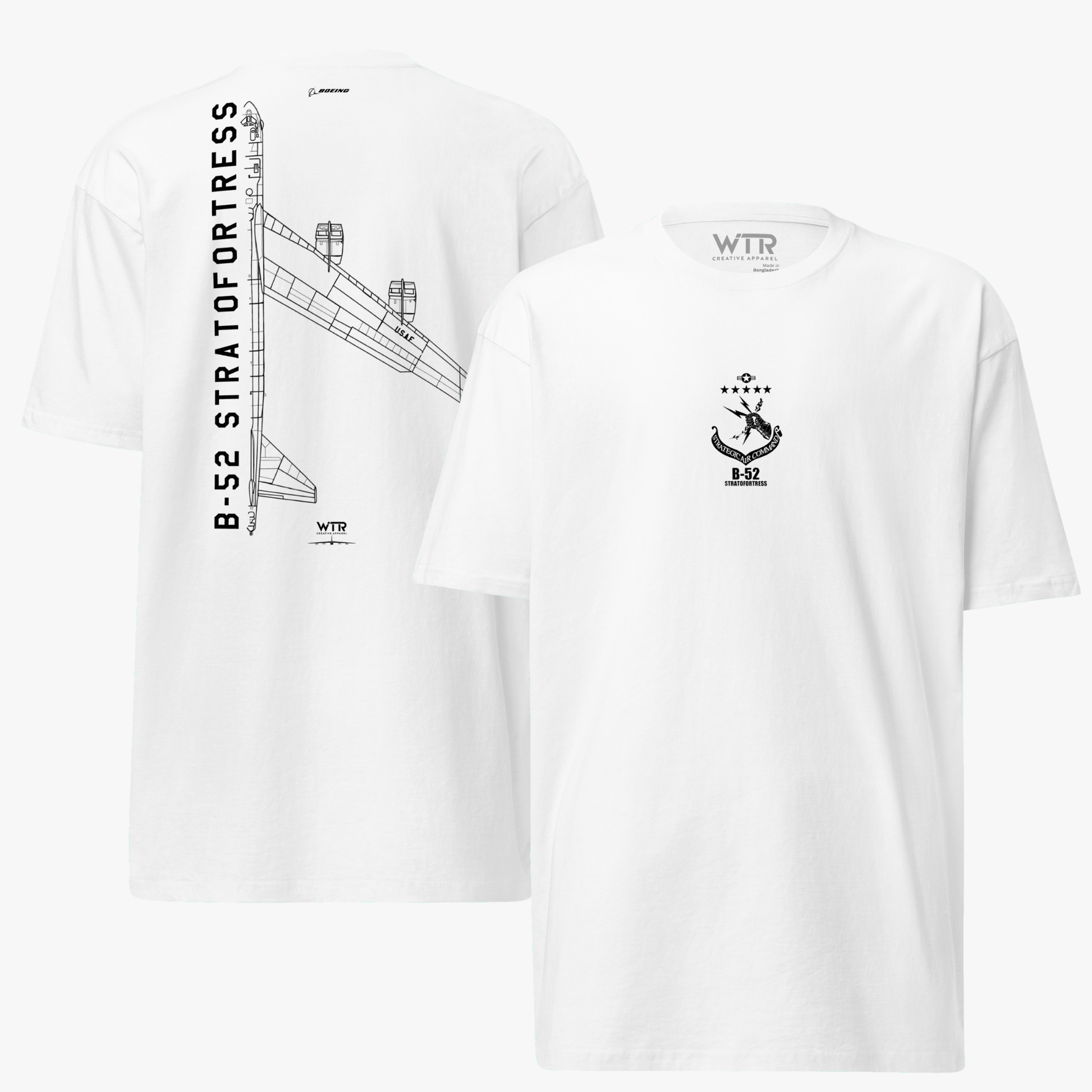 Hand-drawn technical schematic of the Boeing B-52 Stratofortress strategic bomber printed on a premium t-shirt.