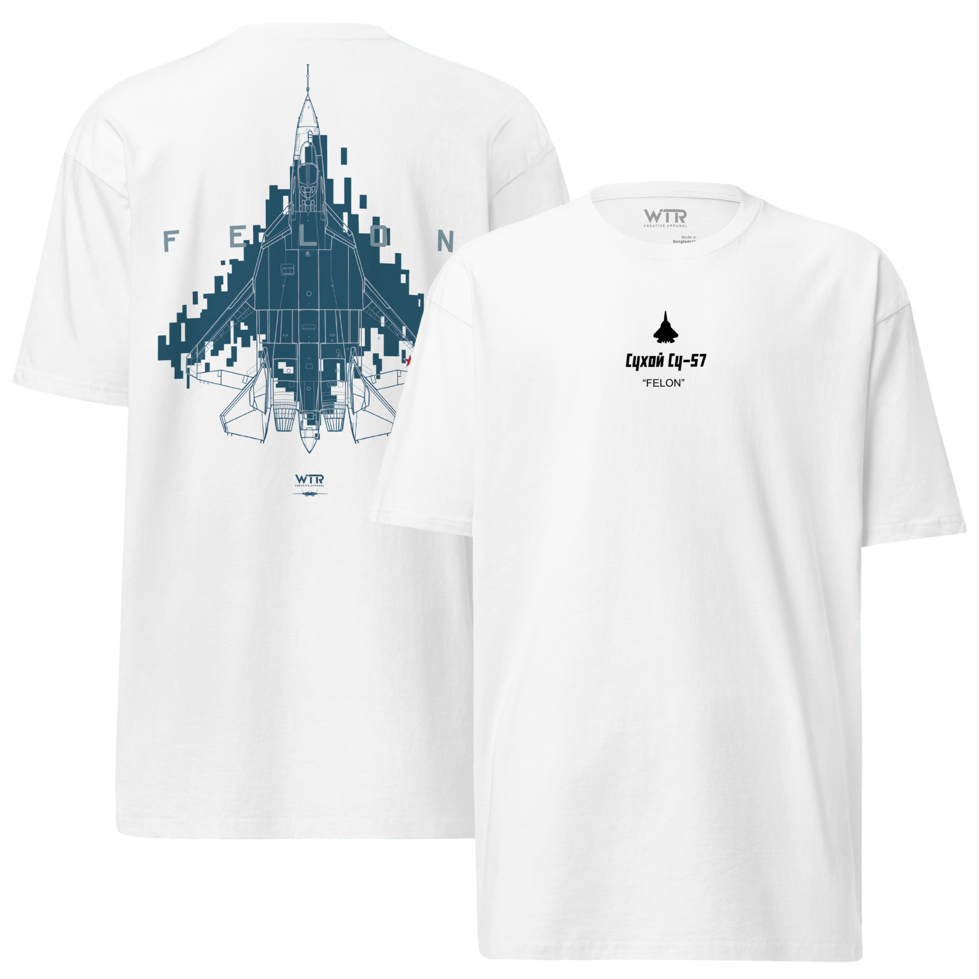 Hand-drawn technical Digital Pixel 2 camouflage study of the Sukhoi SU-57 Felon stealth fighter on a premium t-shirt.