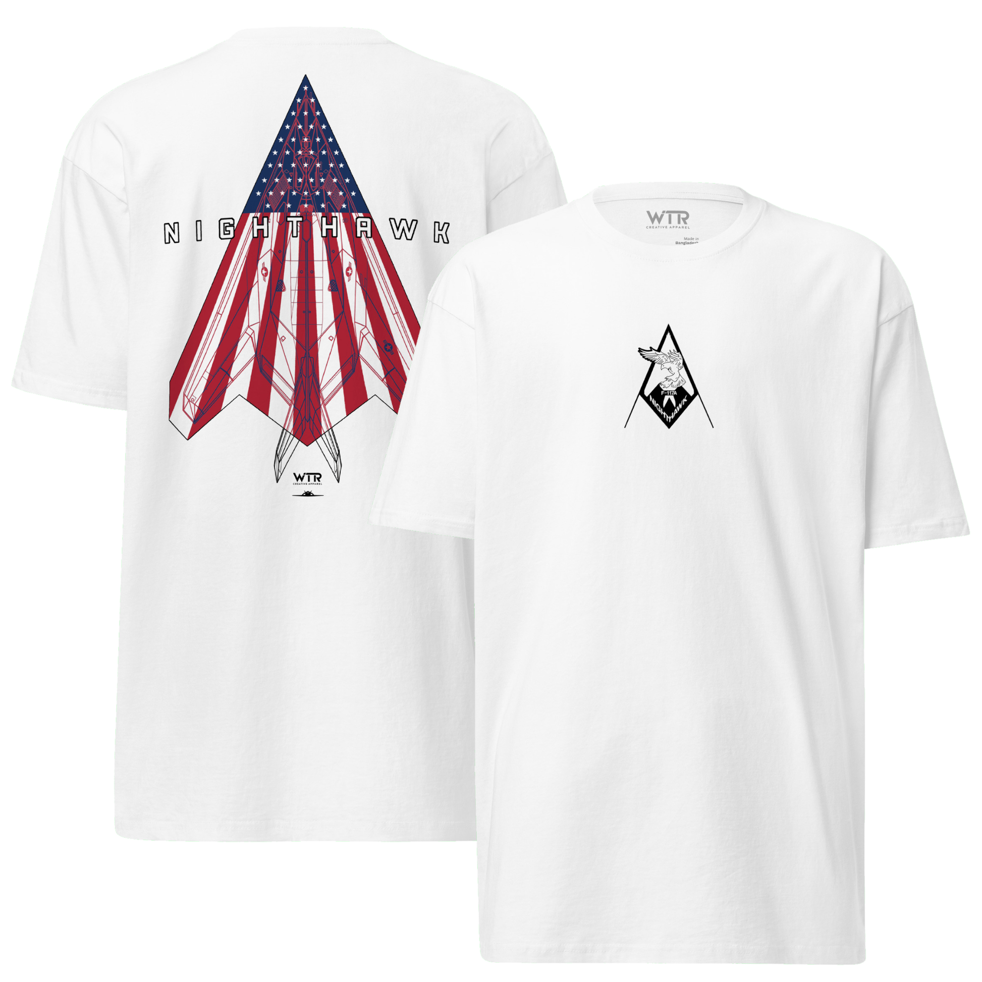 Hand-drawn schematic of the F-117 Nighthawk Last Flight Murica flag livery printed on a premium t-shirt.