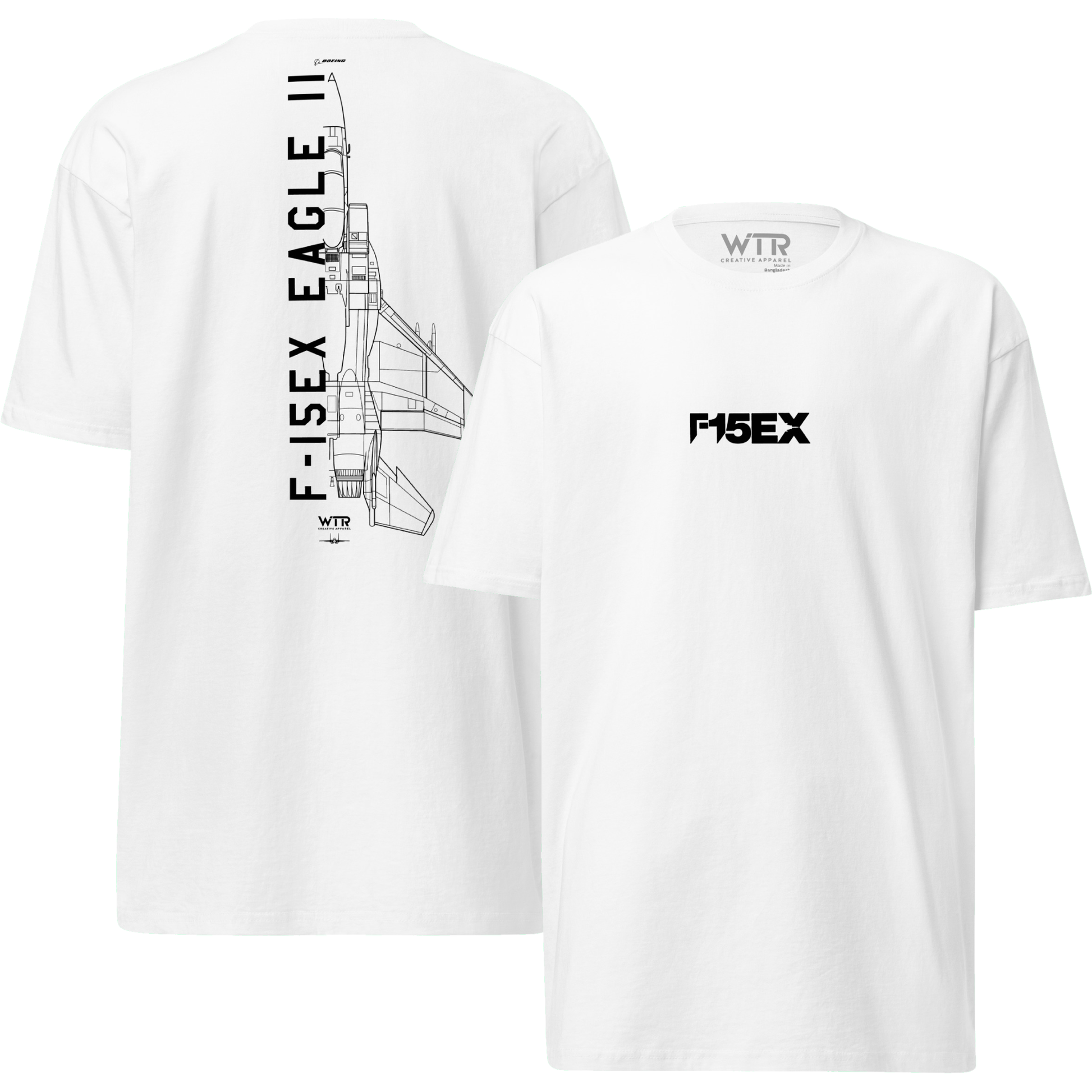 Hand-drawn technical schematic of the Boeing F-15EX Eagle II air superiority fighter on a premium t-shirt.
