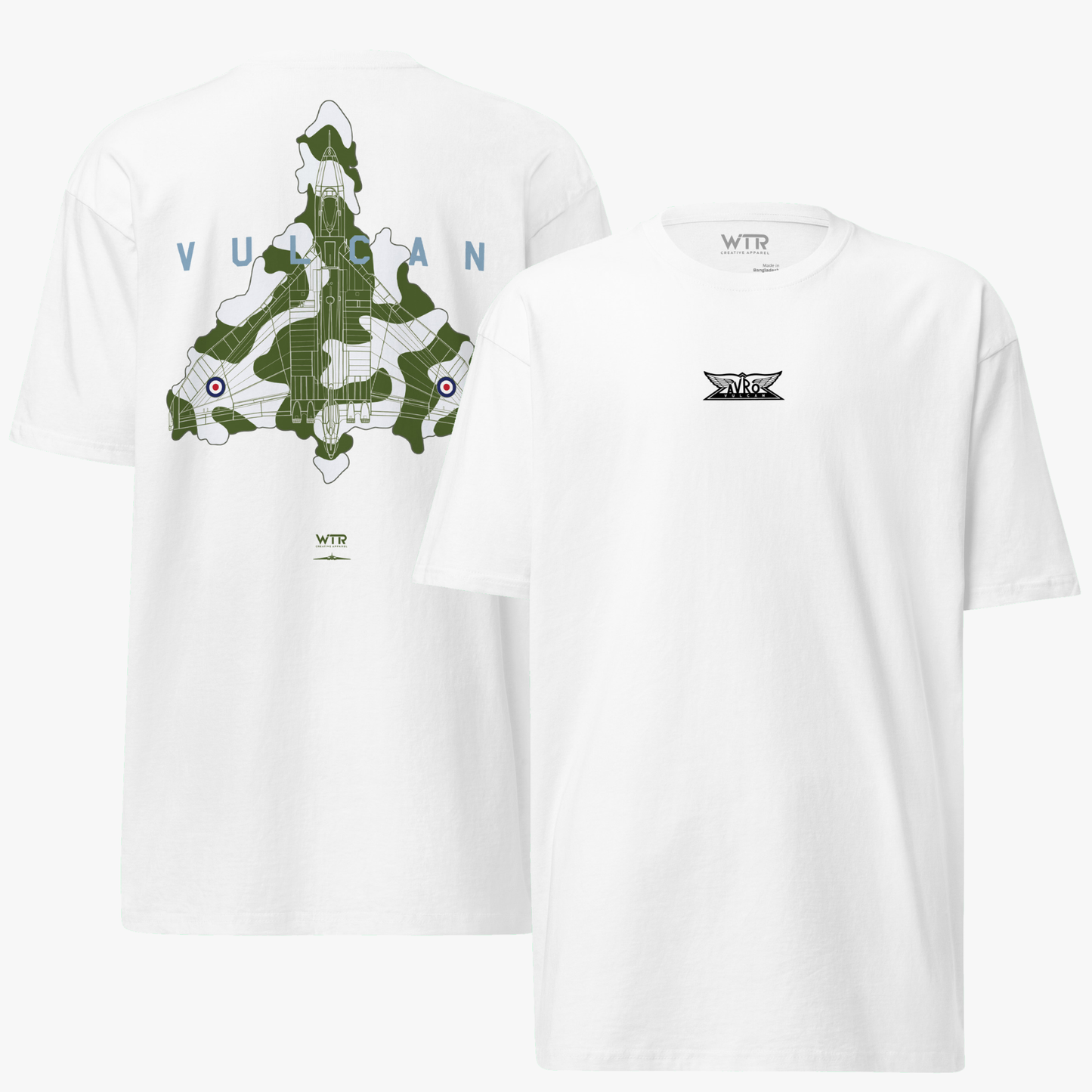 AVRO VULCAN BOMBER – XH558 CAMOUFLAGE STUDY HEAVYWEIGHT T-SHIRT.