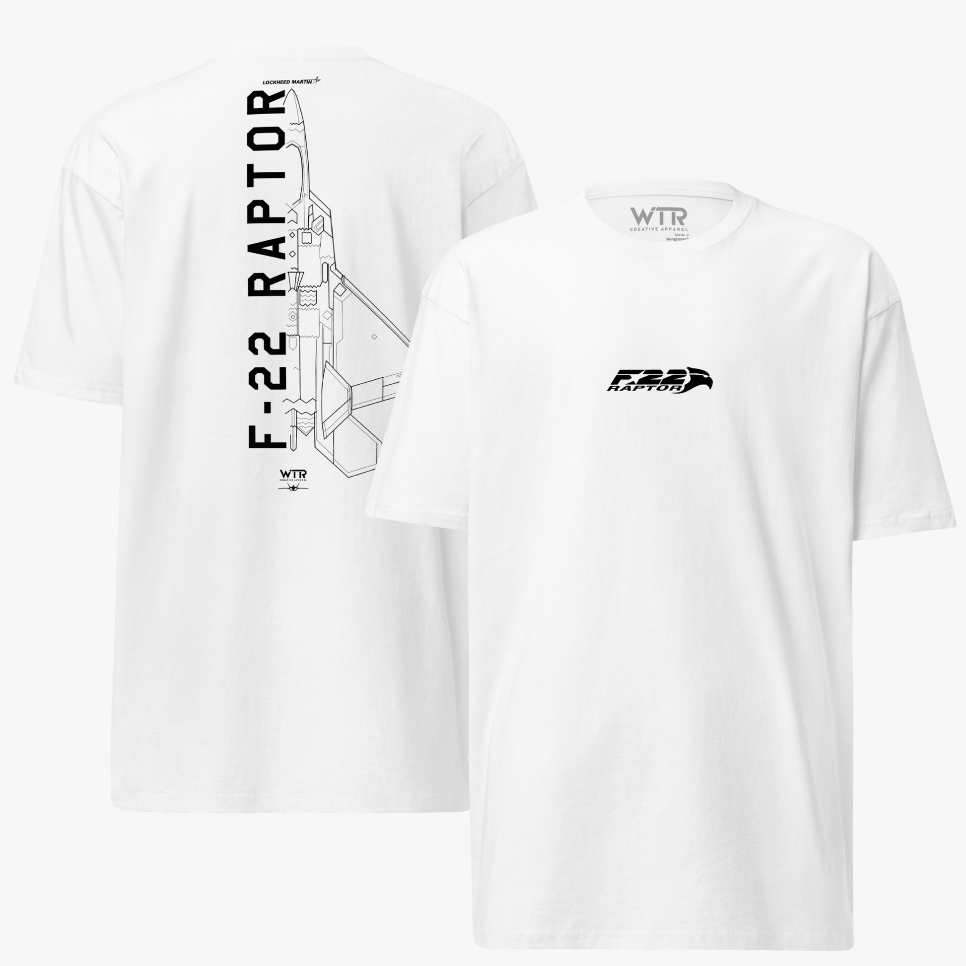 Hand-drawn technical schematic of the Lockheed Martin F-22 Raptor air superiority fighter on a premium t-shirt.