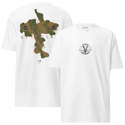 SUPERMARINE SPITFIRE Mk I - CAMOUFLAGE STUDY — hand-drawn WWII FIGHTER artwork printed on HEAVYWEIGHT T‑SHIRT; camouflage study.