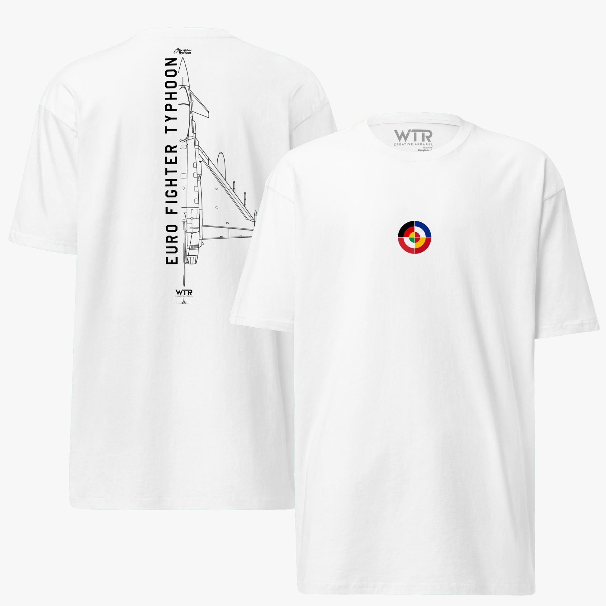 Hand-drawn technical schematic of the Eurofighter Typhoon EF2000 multi-role fighter on a premium t-shirt.