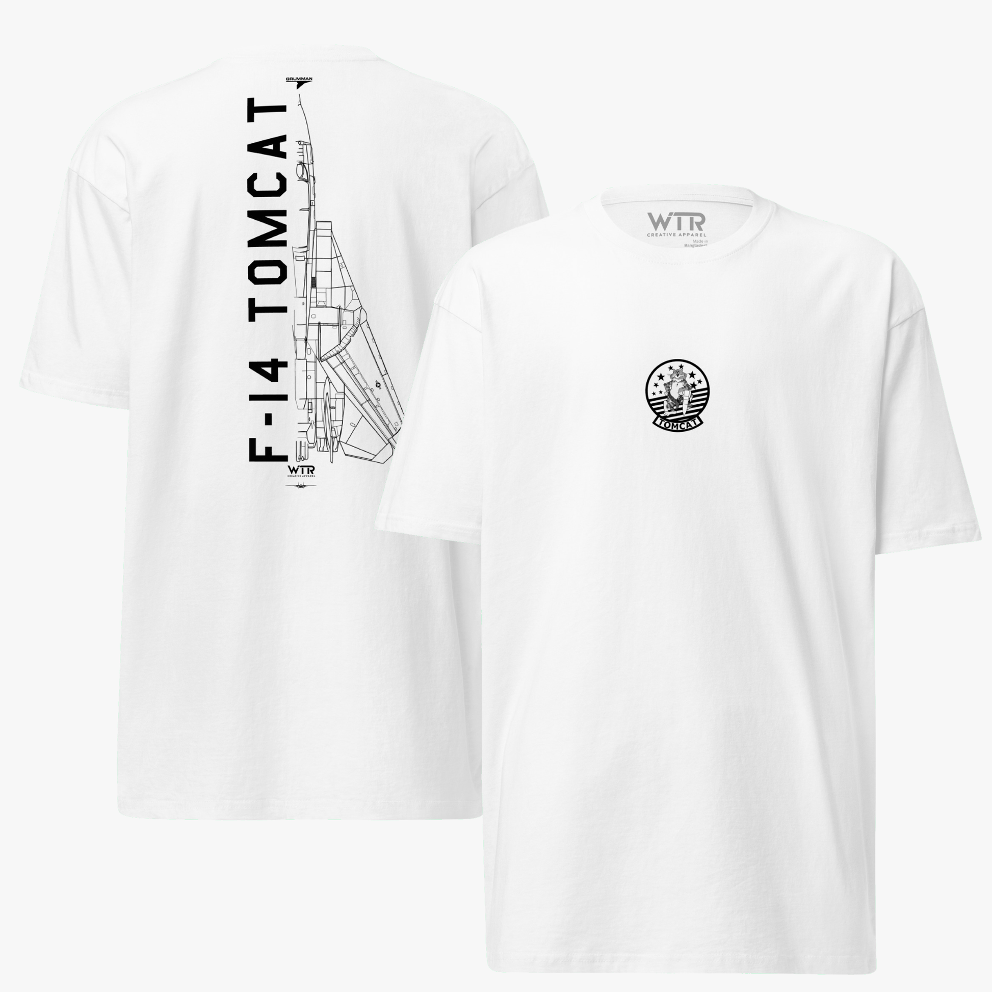 Hand-drawn technical schematic of the Grumman F-14 Tomcat US Navy carrier fighter on a premium t-shirt.