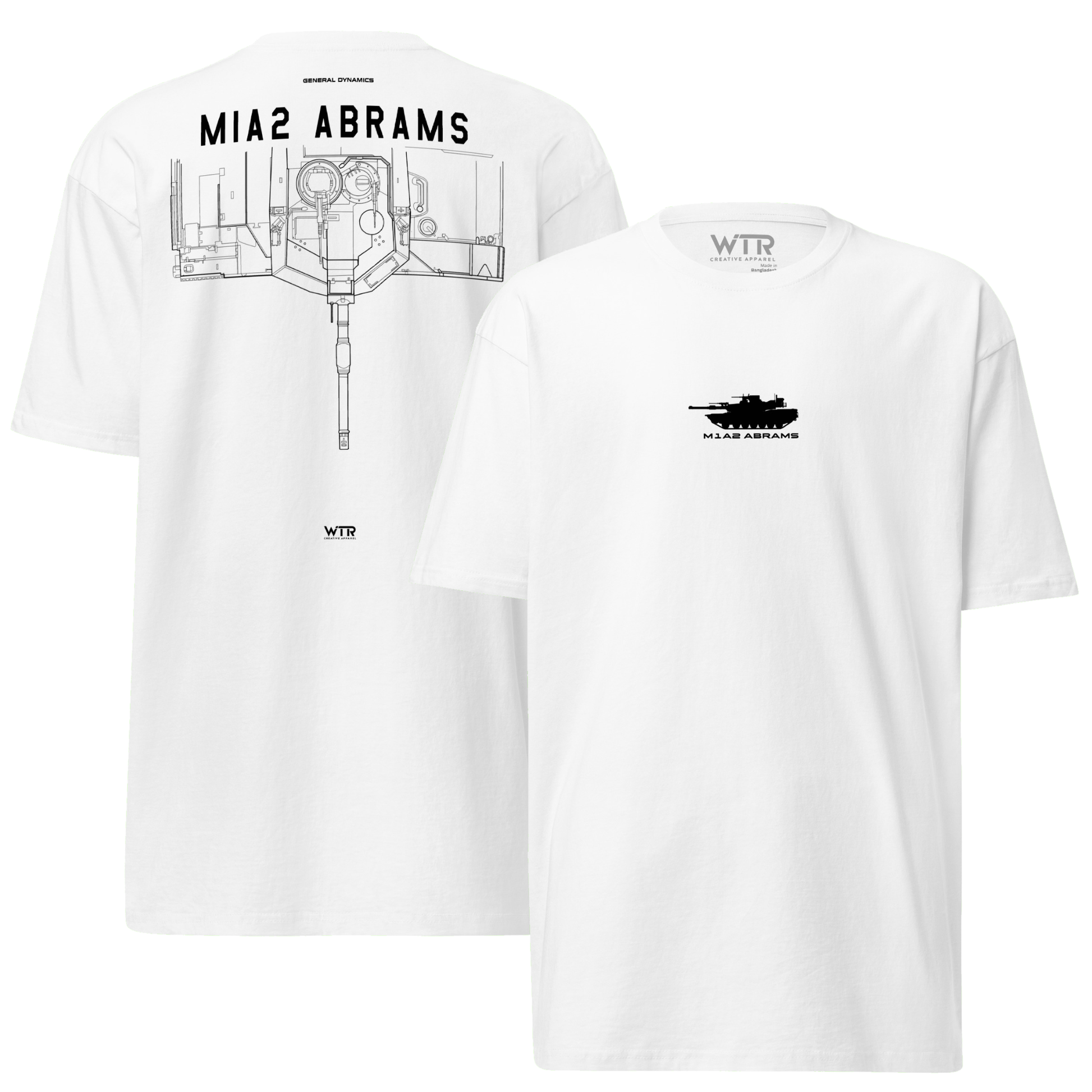 Hand-drawn technical schematic of the General Dynamics M1A2 Abrams Main Battle Tank on a premium t-shirt.