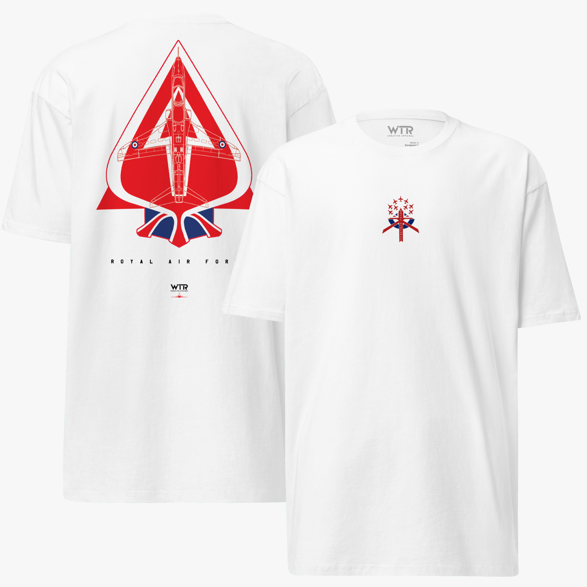 Hand-drawn schematic of the BAE Hawk T1 in Royal Air Force Red Arrows display team livery on a premium t-shirt.