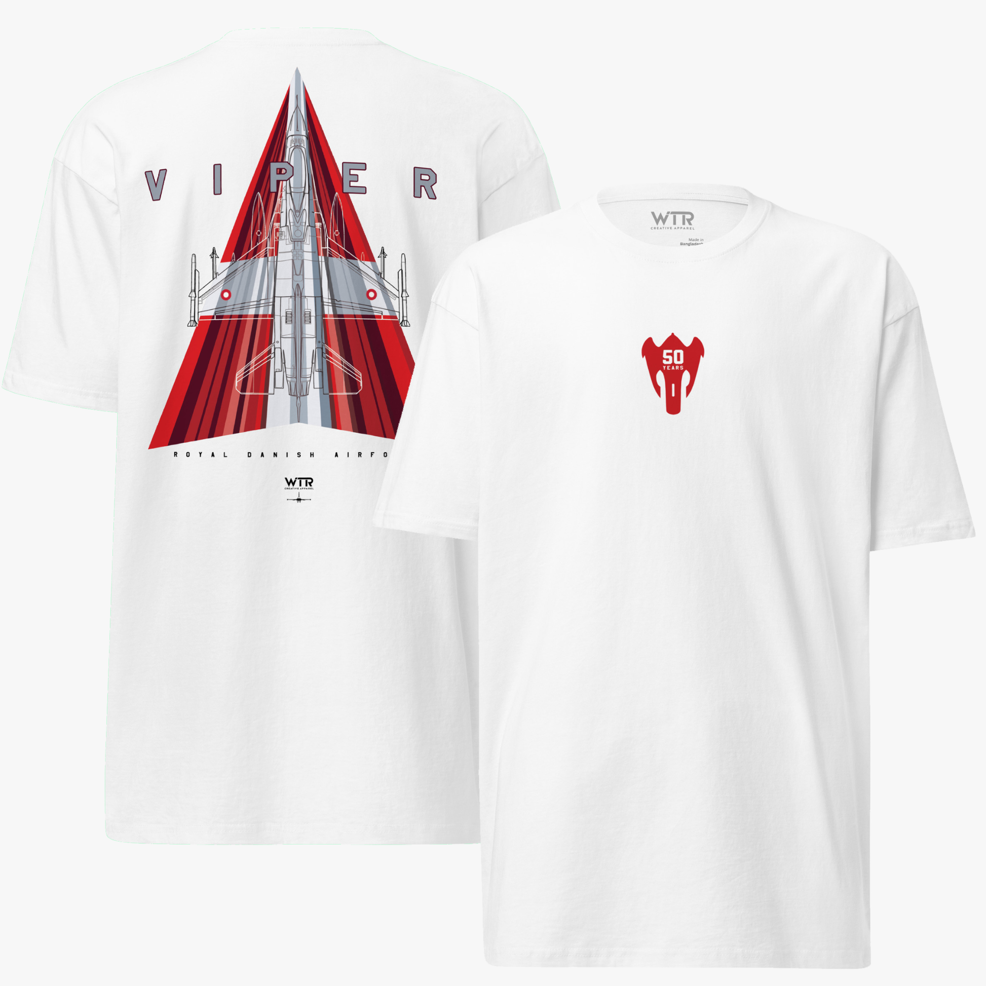 Hand-drawn schematic of the Royal Danish Air Force F-16 50th Anniversary solo display livery on a premium t-shirt.