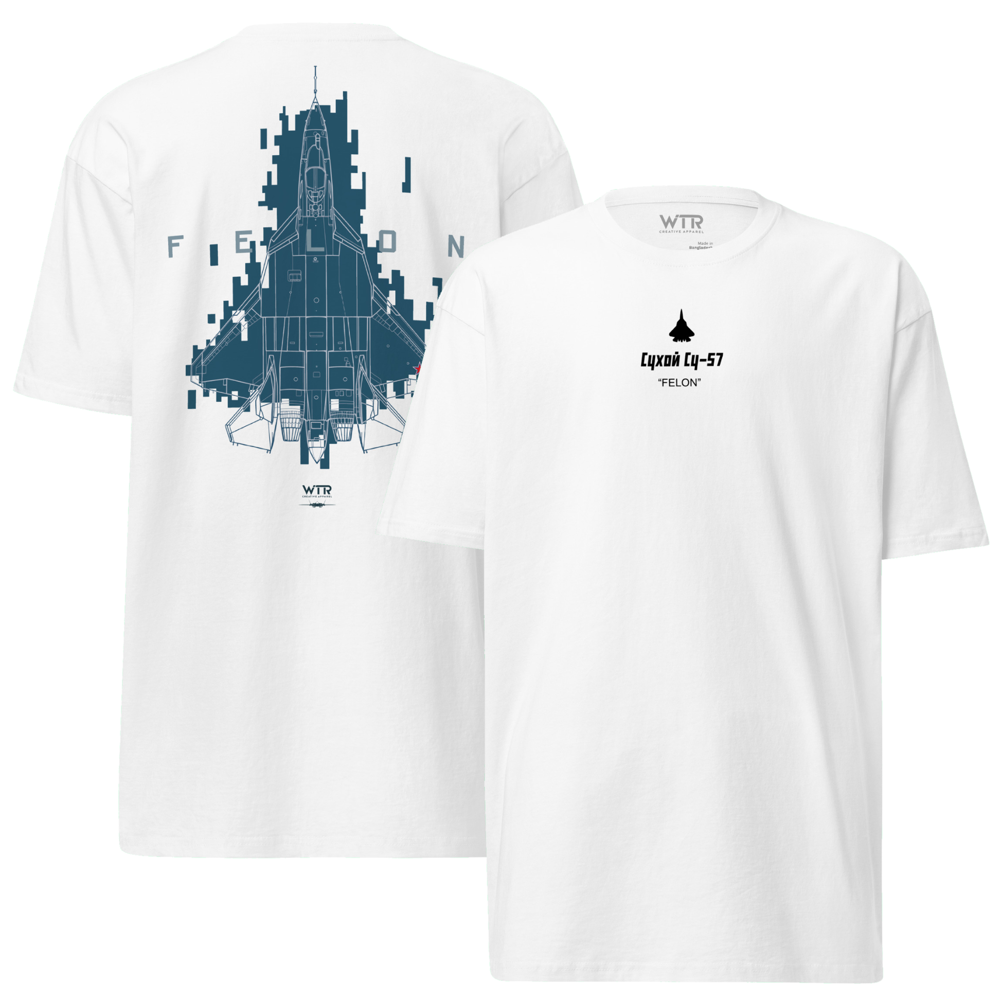 Hand-drawn technical Digital Pixel 1 camouflage study of the Sukhoi SU-57 Felon stealth fighter on a premium t-shirt.