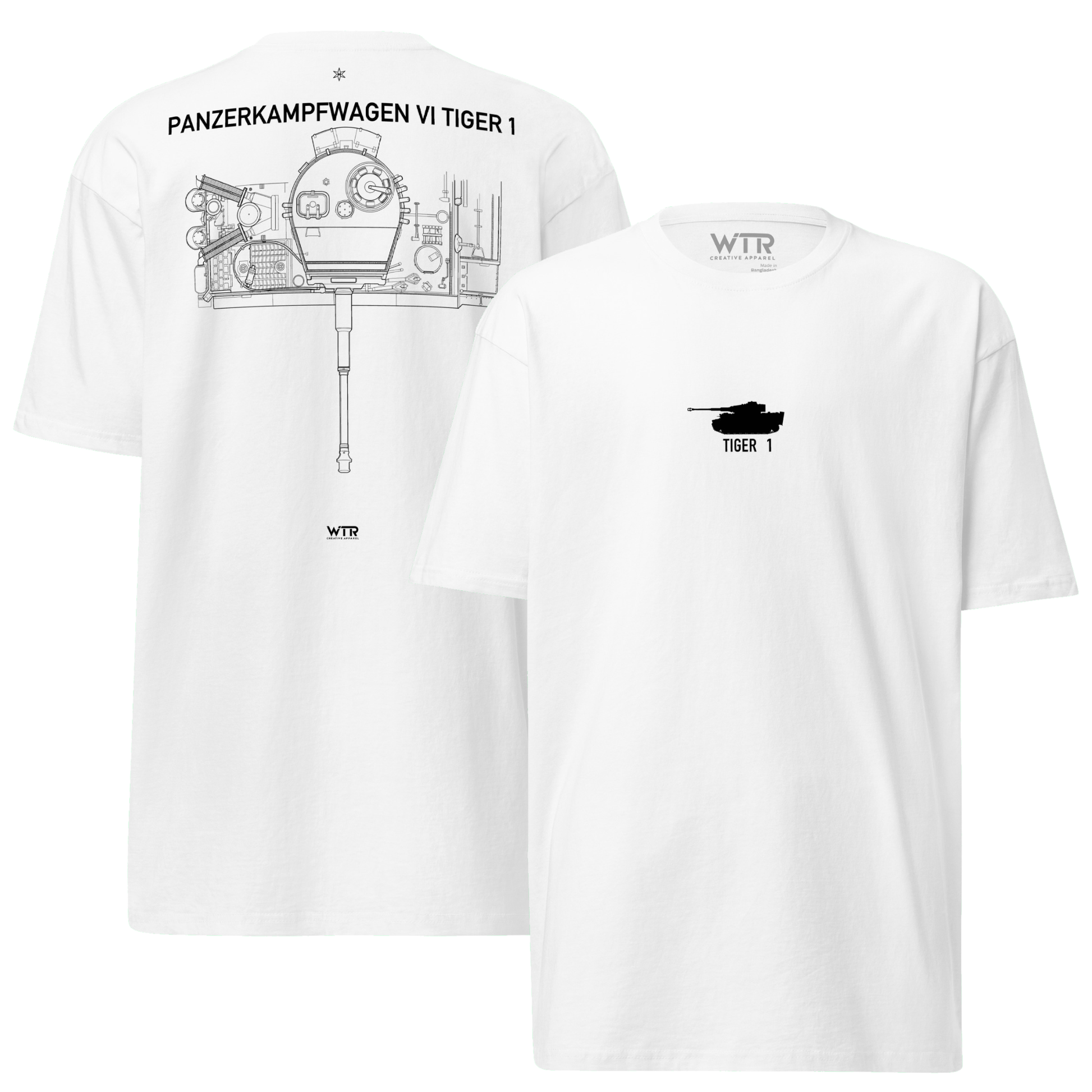 Hand-drawn technical schematic of the Tiger 1 Panzerkampfwagen VI German WWII tank on a premium t-shirt.