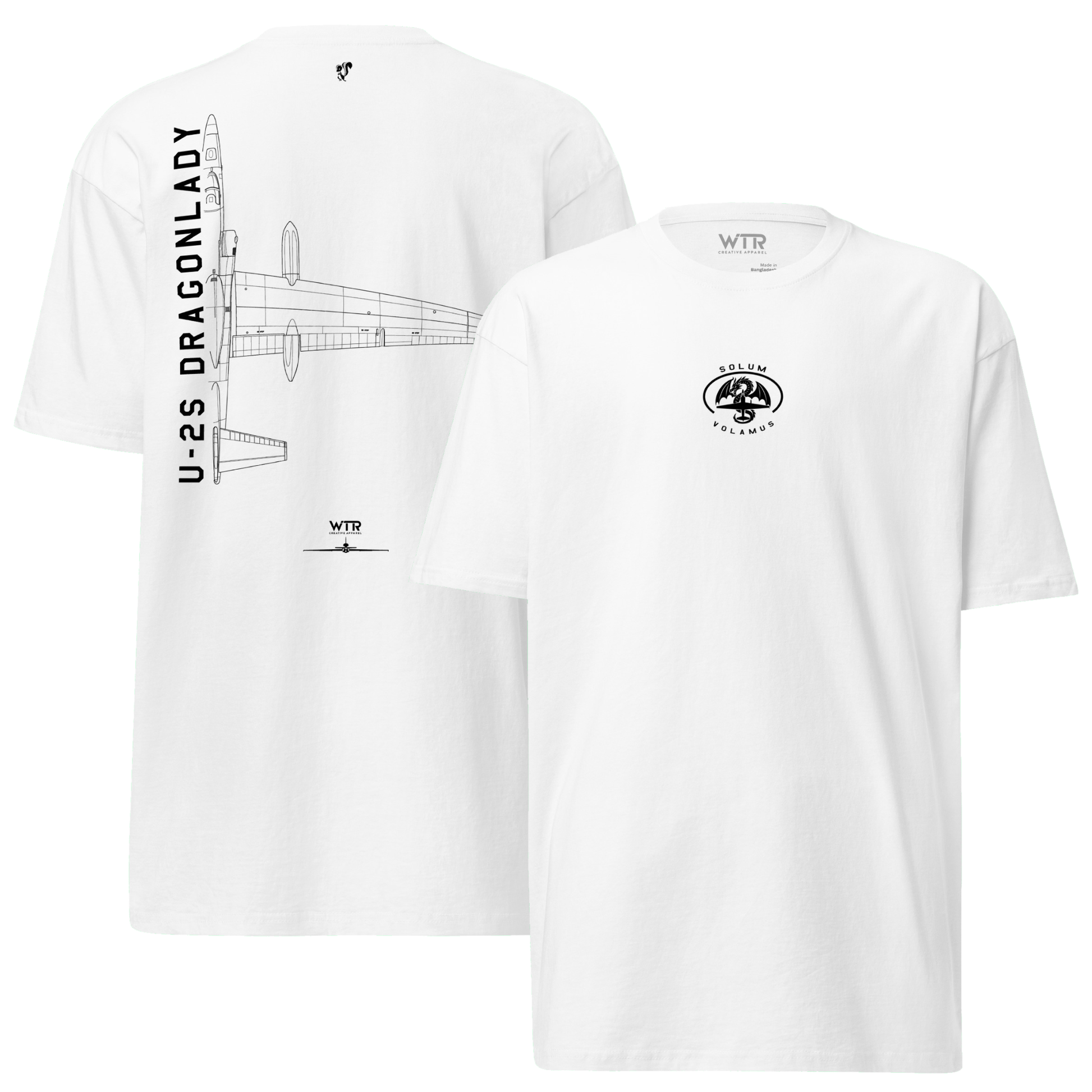 Hand-drawn technical schematic of the Lockheed U-2S Dragon Lady reconnaissance aircraft on a premium t-shirt.