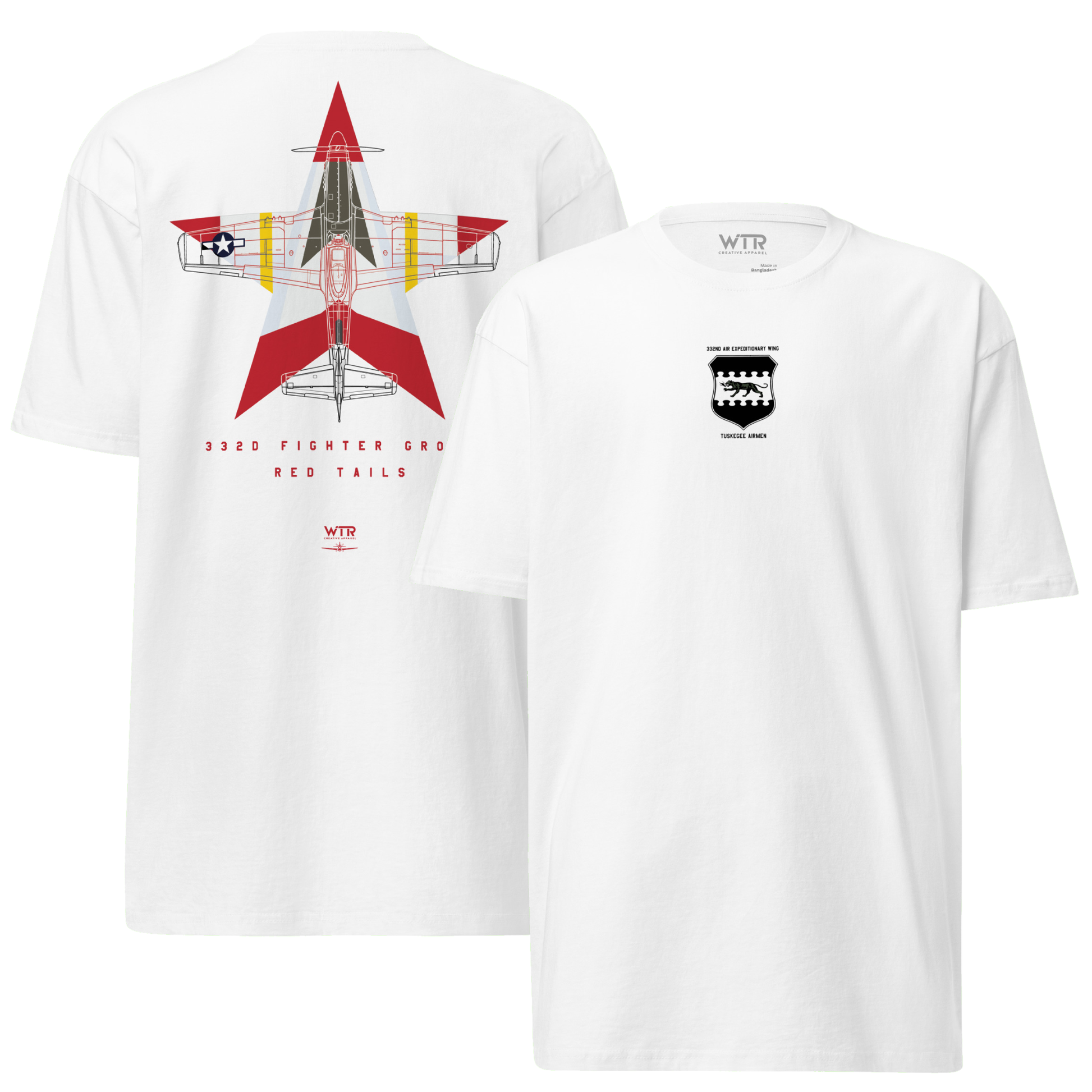 Hand-drawn schematic of the North American P-51D Mustang Red Tails 332nd Livery on a premium t-shirt.