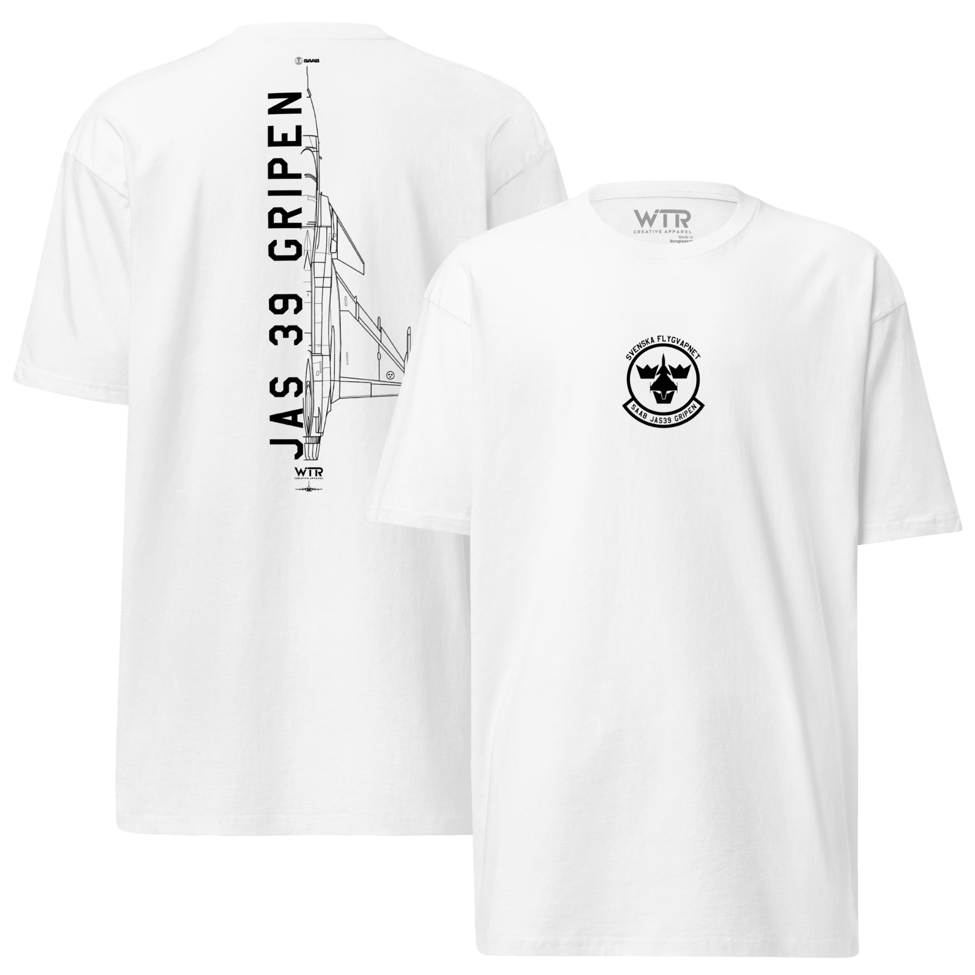 Hand-drawn technical schematic of the Saab JAS 39 Gripen multi-role fighter printed on a premium t-shirt.