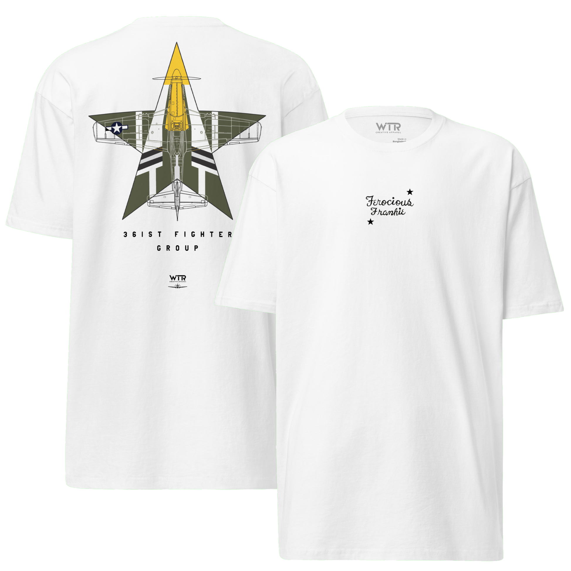 Hand-drawn schematic of the North American P-51D Mustang Ferocious Frankie livery on a premium t-shirt.