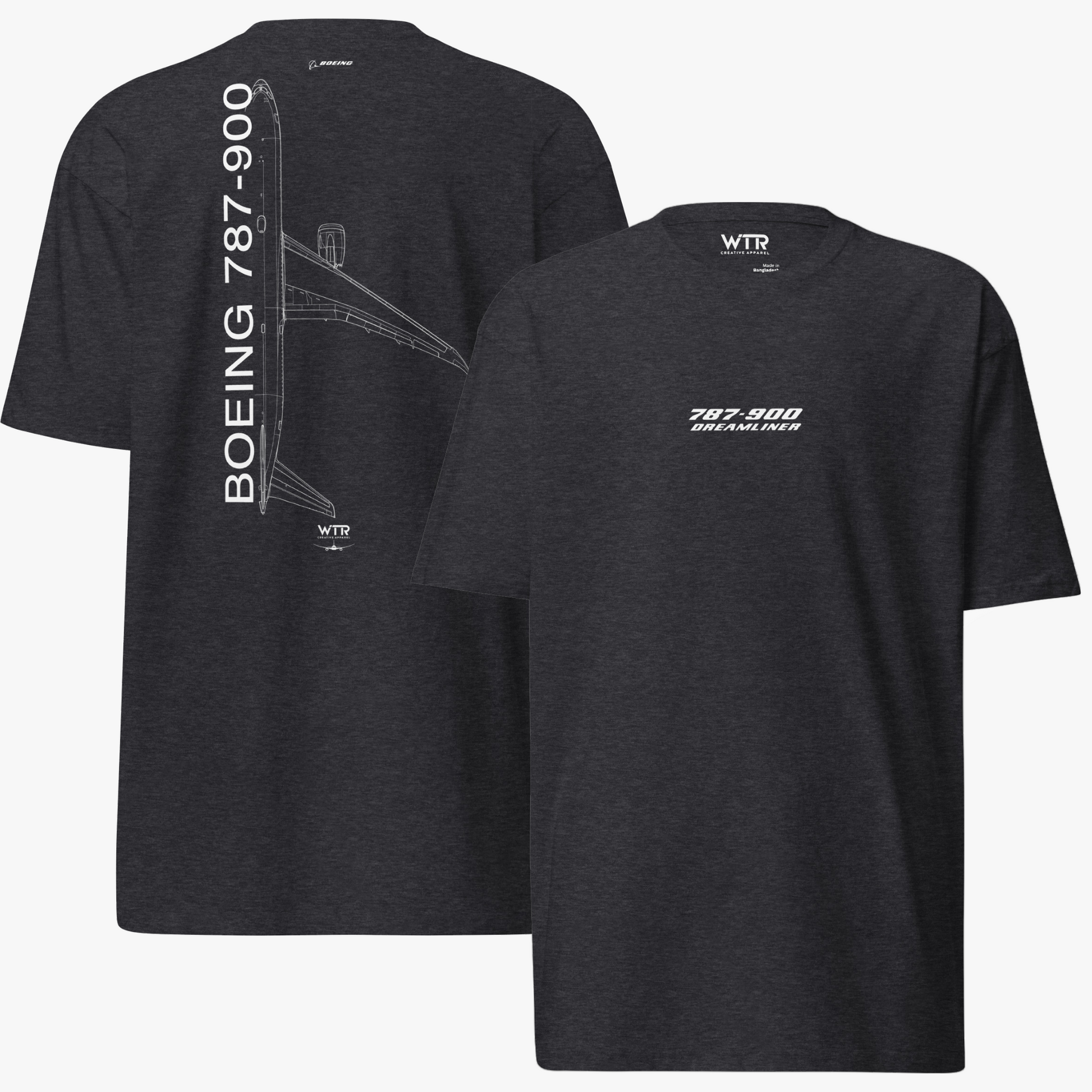 Hand-drawn technical schematic of the Boeing 787-9 Dreamliner passenger airliner printed on a premium t-shirt.