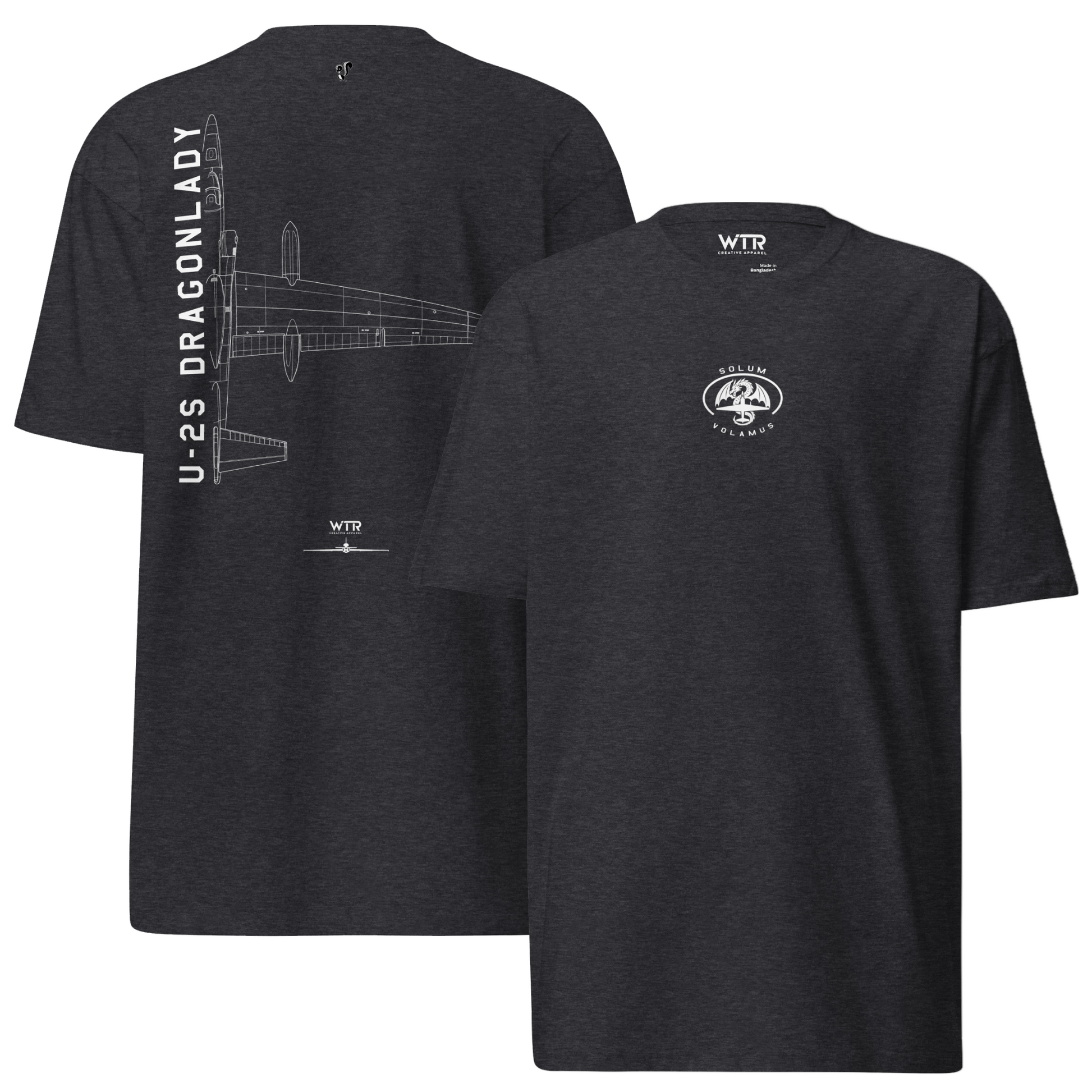 Hand-drawn technical schematic of the Lockheed U-2S Dragon Lady reconnaissance aircraft on a premium t-shirt.