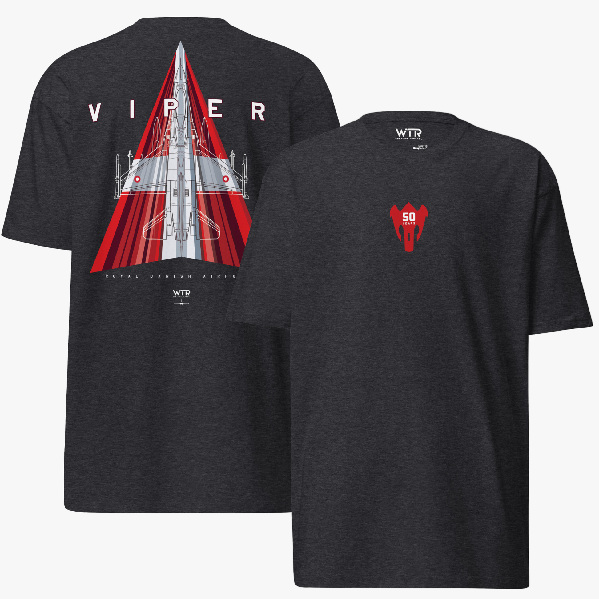 Hand-drawn schematic of the Royal Danish Air Force F-16 50th Anniversary solo display livery on a premium t-shirt.