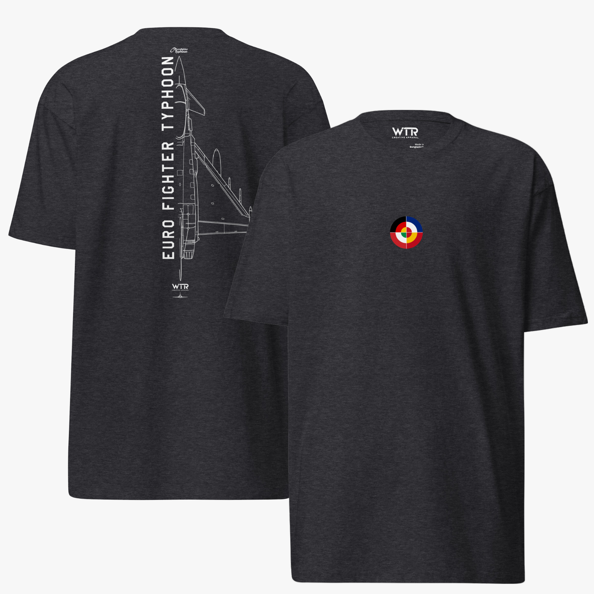 Hand-drawn technical schematic of the Eurofighter Typhoon EF2000 multi-role fighter on a premium t-shirt.