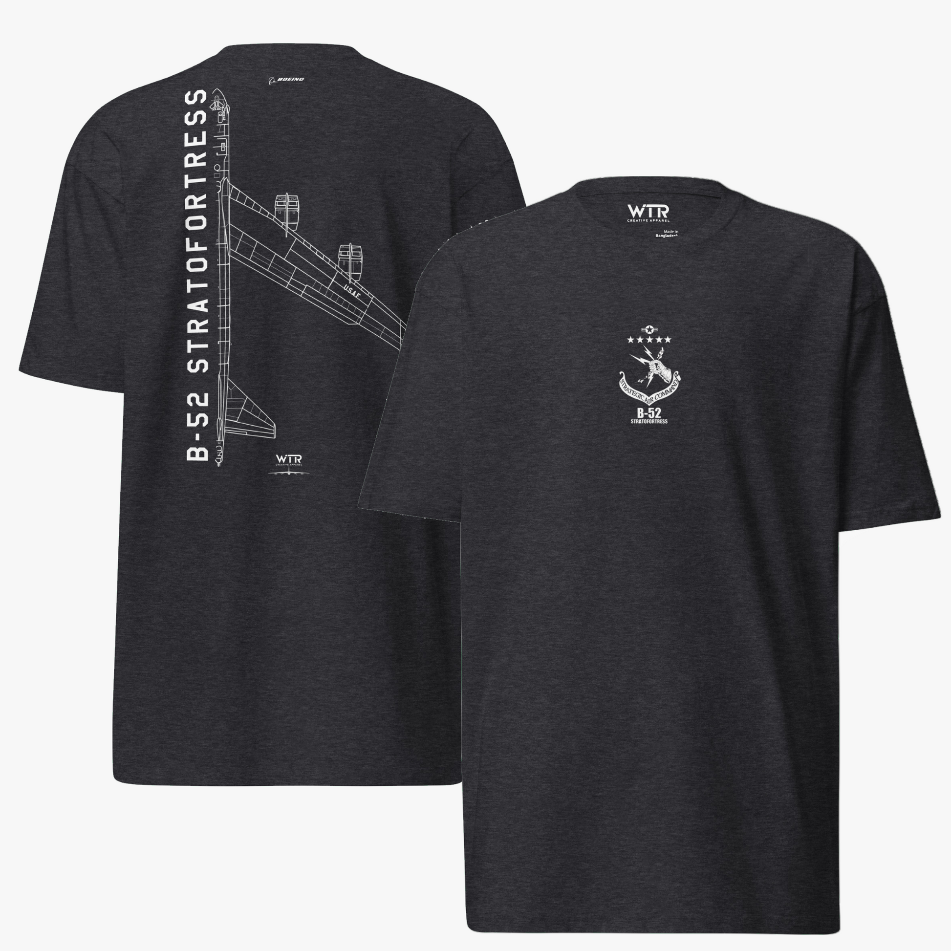 Hand-drawn technical schematic of the Boeing B-52 Stratofortress strategic bomber printed on a premium t-shirt.