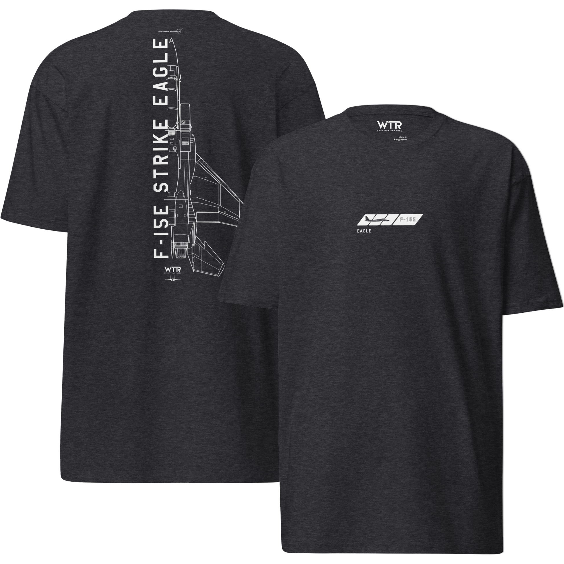 Hand-drawn technical schematic of the McDonnell Douglas F-15E Strike Eagle multi-role jet on a premium t-shirt.