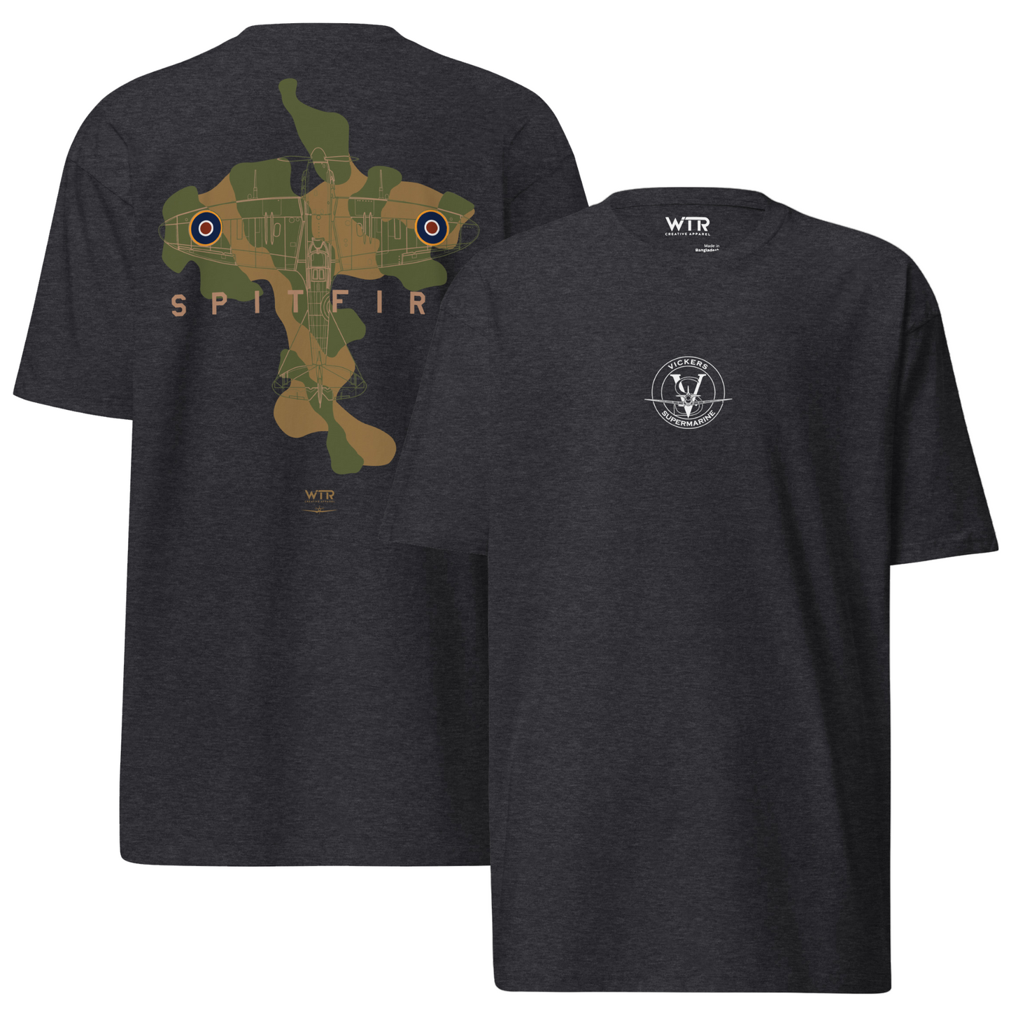 SUPERMARINE SPITFIRE Mk I - CAMOUFLAGE STUDY — hand-drawn WWII FIGHTER artwork printed on HEAVYWEIGHT T‑SHIRT; camouflage study.