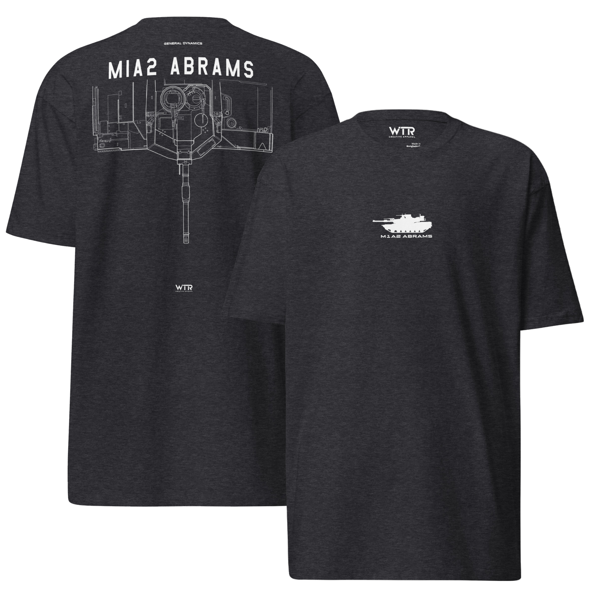 Hand-drawn technical schematic of the General Dynamics M1A2 Abrams Main Battle Tank on a premium t-shirt.